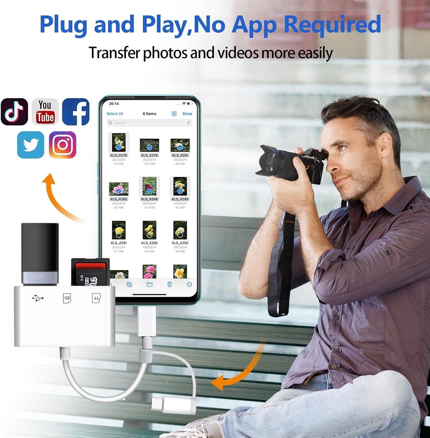 HCYEBT SD Card Reader for iPhone/Android, Memory Card Reader Supports SD/MicroSD Card and USB Devices, Built-in iOS