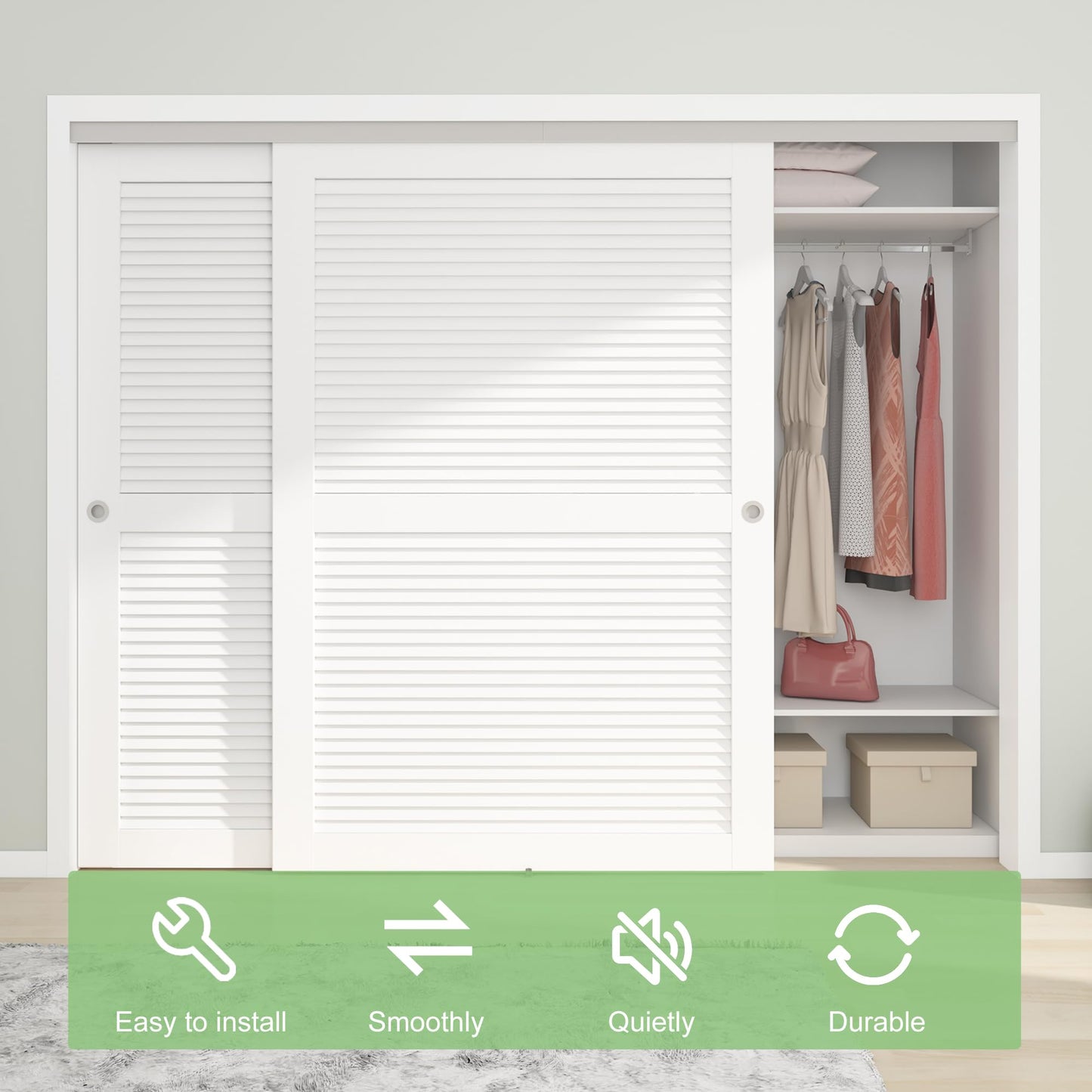 BarnBase 9FT/108(Double 4.5FT) Bypass Door Hardware, Aluminum Double-Closing Sliding Closet Door Hardware with Finger Pull Included, Smoothly and Quietly, Fit Door Thickness 1 3/8" or 1 3/4", Silver