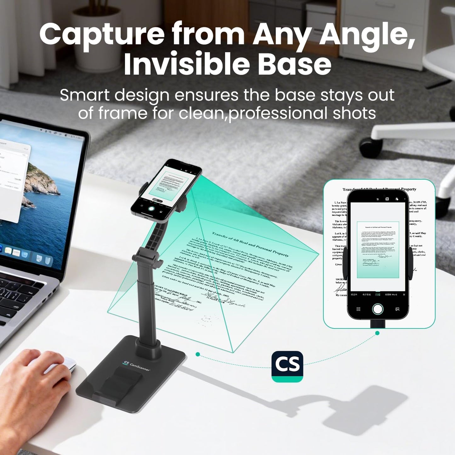 CamScanner 360 Phone(1 Pack) Adjustable Phone Stand, Rotatable Clip-On Holder,Desk Mount with Non-Slip Base