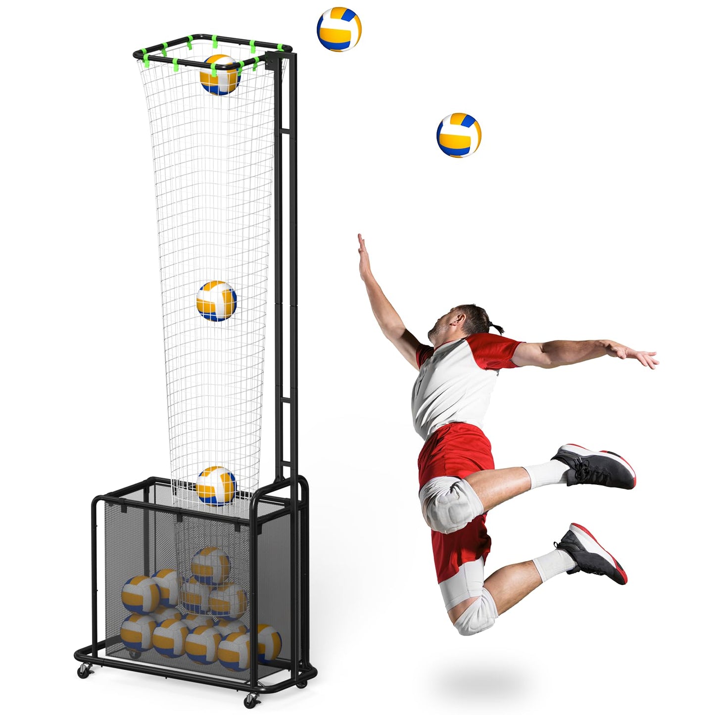 Volleyball Setter Training Equipment, Setting Trainer Net with Target Hoop, 5 Angles Adjustable, Height Adjustable for Serving Spiking Drills System with Ball Collection Bag