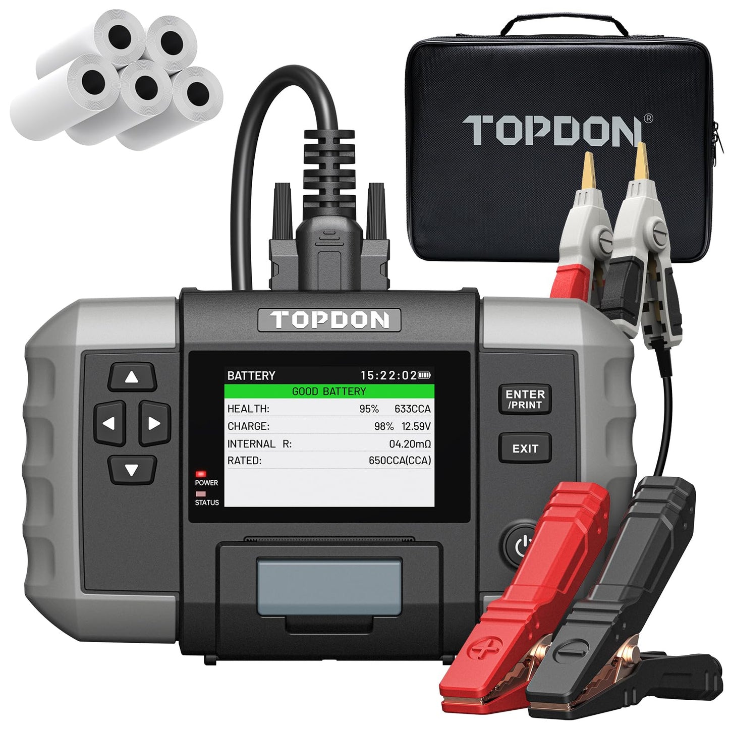 TOPDON BT600 Plus Car Battery Tester, Battery Alternator for 6V/12V/24V Battery Tests, 12V/24V Cranking/Charging/System Testing, 3.5" Screen with Built-in Printer