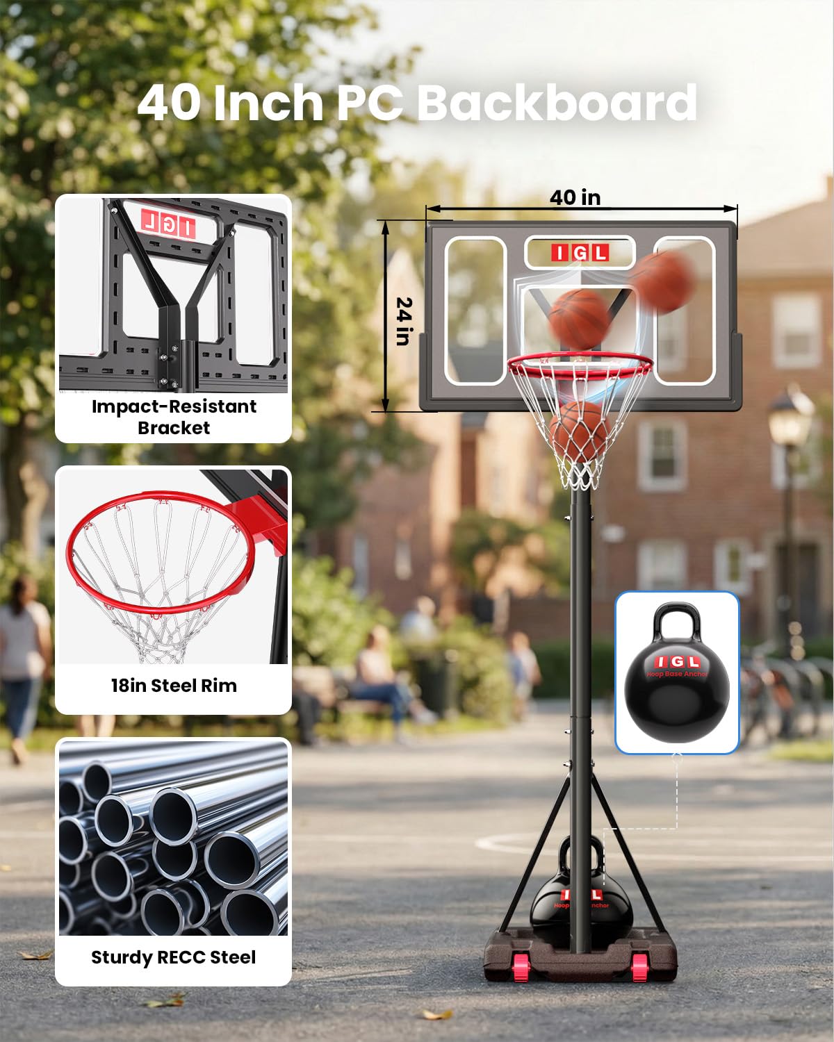IGL Portable Basketball Hoop Outdoor, 3-10ft Adjustable Height, 40" Shatterproof Backboard, Fillable Base, Basketball Goal System for Driveway Backyard Pool, Fun for Family & All Ages
