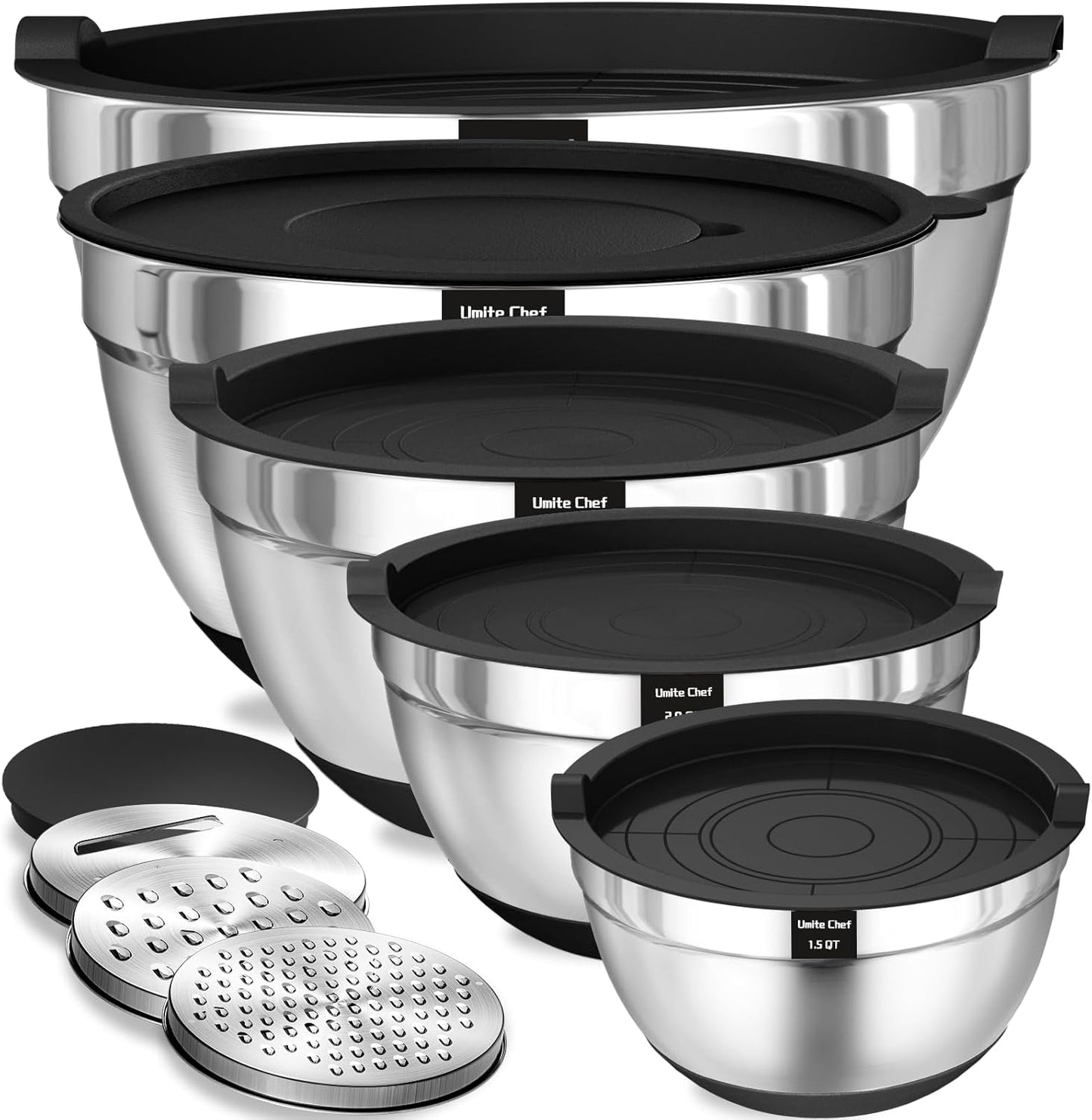 Umite Chef Mixing Bowls - 8PCS Stainless Steel Set with Airtight Lids & Non-Slip Bottoms | Black, 1.5QT to 5QT