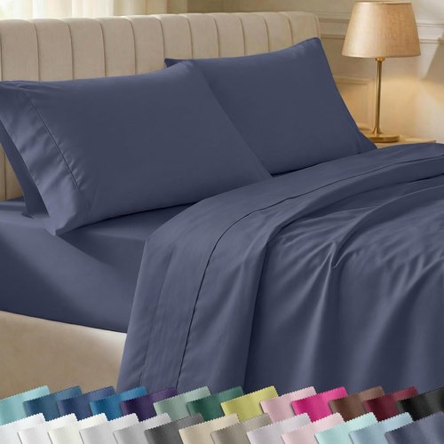 California Design Den Queen Size Bed Sheets Set - 100% Cotton, 400 TC, Smooth Sateen Finish, Indigo Dusty Blue