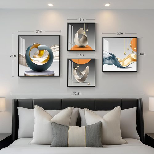 Framed Modern Wall Art Set by [Brand Name] - Abstract Geometric Prints in Orange, Gray & Gold | 4 Piece Collection for Living Room, Bedroom & Office