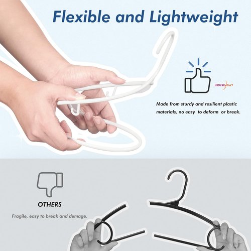 HOUSE DAY White Plastic Hangers - Durable 50 Pack with Built-in Hooks | Space-Saving Closet Solution
