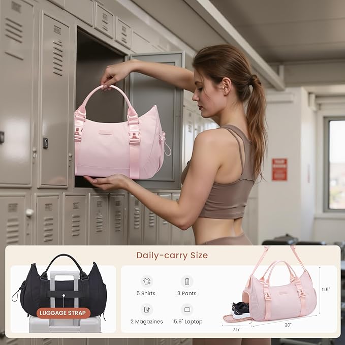 LOVEVOOK Gym Bag for Women, duffle bag for travel with shoe compartment, Small Gym Tote Dry Wet Separation, Multipurpose Weekender Overnight Bag, Lightweight Carry On Bag, Light pink