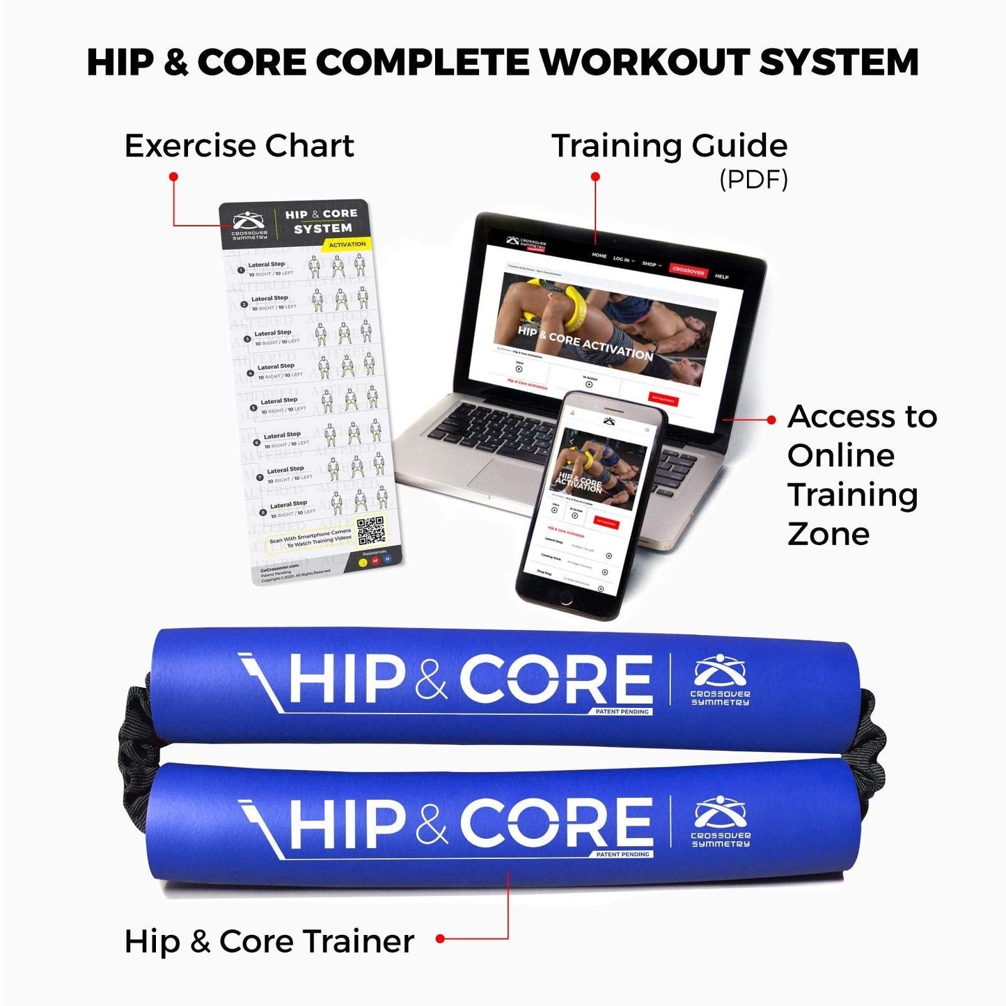 Crossover Symmetry Hip & Core System - Loop Resistance Home Workout Bands to Stretch and Strengthen Legs, Butt, HIPS, Thighs and Glutes, Includes Online Exercise & Training Guide, Blue/Heavy