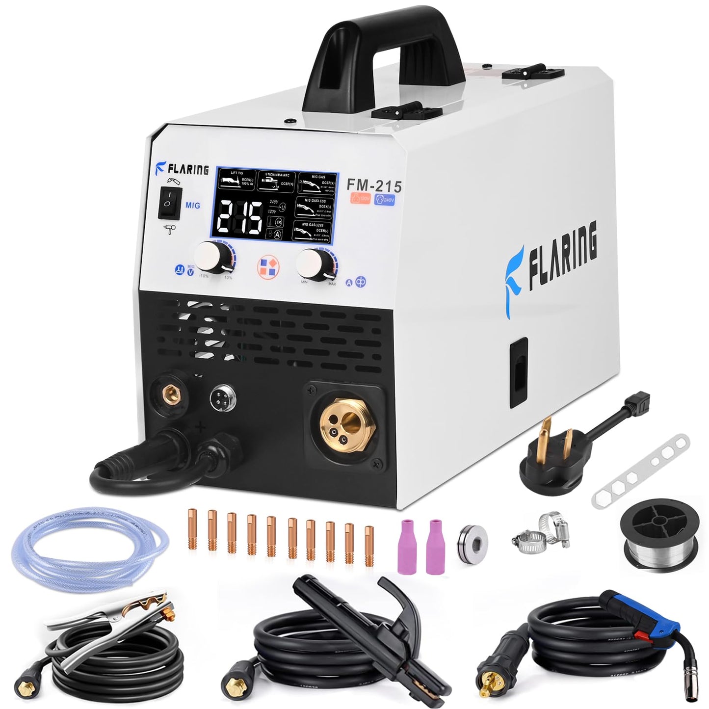 FLARING MIG Welder 215amp 6 IN 1 Welder Machine 120V/240V Flux Core/Gas MIG/Stick/Lift TIG/Spot welding/Spool Gun Multi-Process 2lbs/11lbs Wire Compatible IGBT Inverter Portable Welder