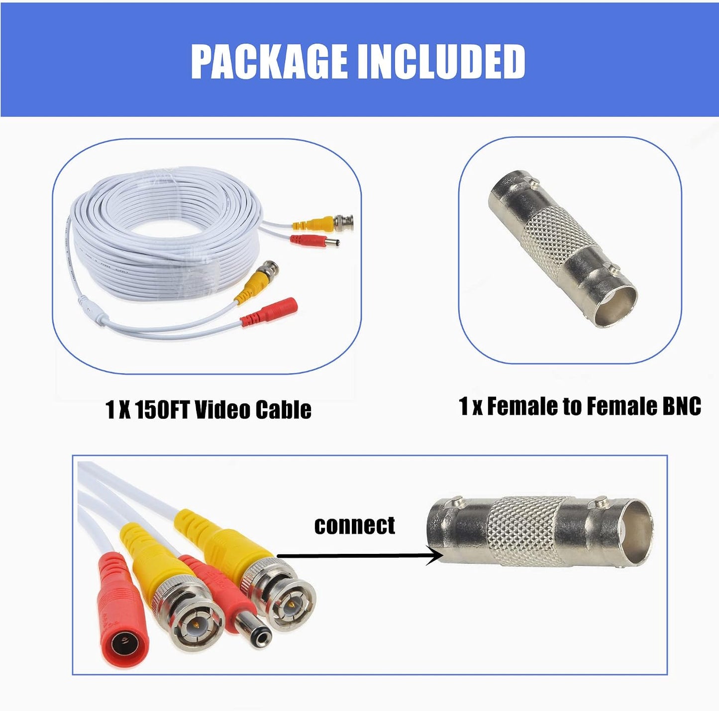 150ft White CCTV BNC Video Power Cable for DVR Surveillance Systems