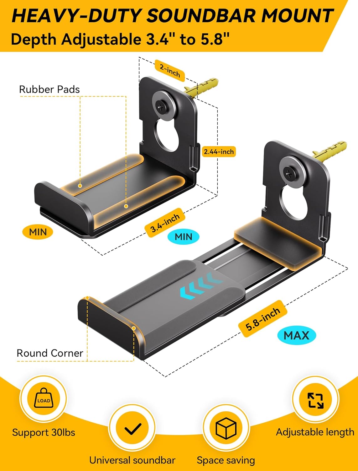 MUAKIOY (2 Sets) 3.4" 5.8" Soundbar Mount, Speaker Wall Mount Brackets Under TV, Heavy Duty Sound Bar Shelf Mounting