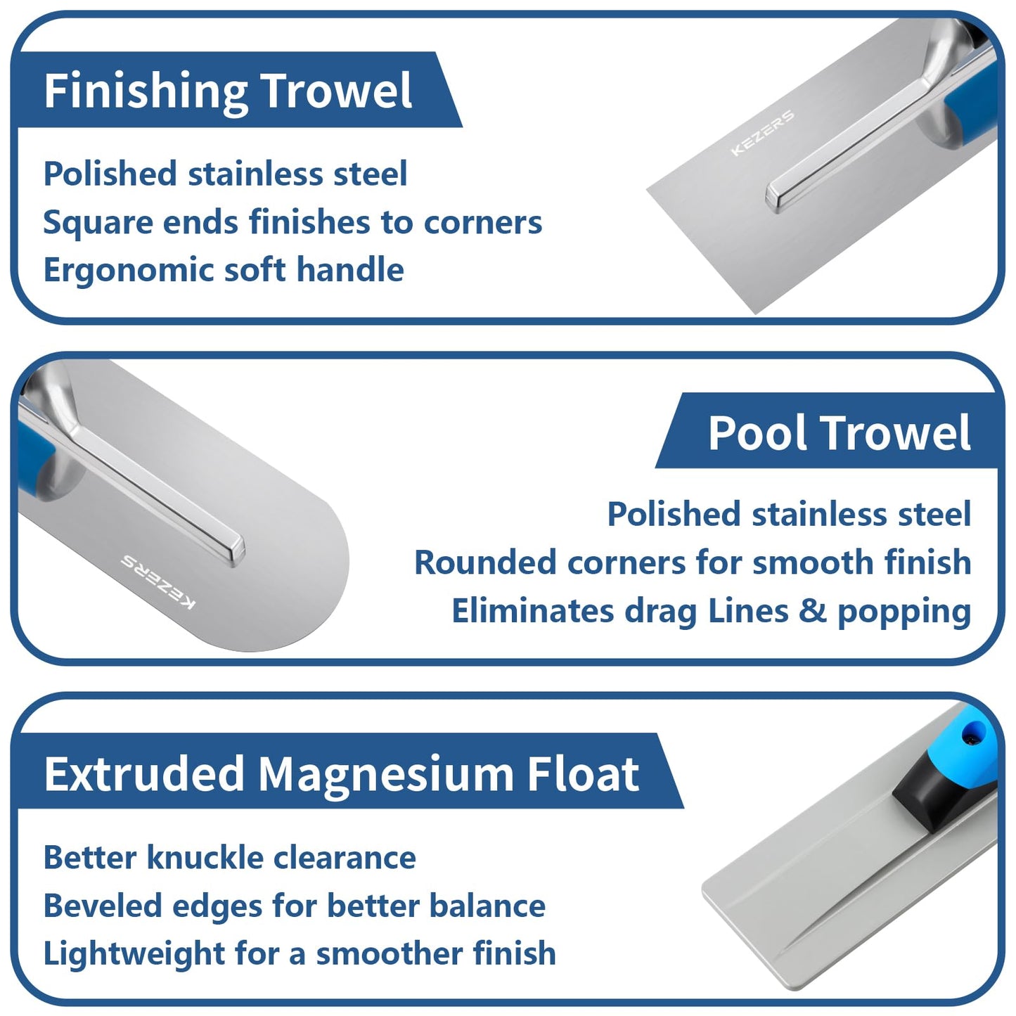 KEZERS 8-in-1 Concrete Finishing Tools Kit: Magnesium Float, Finishing & Pool Trowel, Gauging & Brick Trowel, Concrete Groover & Edger for Masonry, Stucco Repair & Bricklaying