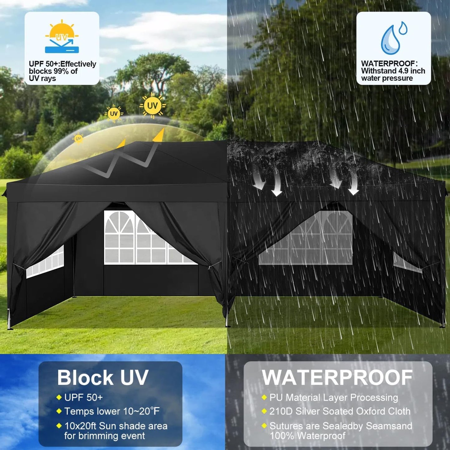 COBIZI Canopy 10x20 Pop Up Canopy Tent with 6 Sidewalls Outdoor Party Tent 10x20 Waterproof Commercial Instant Shelter UPF 50+ Portable Gazebo Wedding Tents for Parties Car Port Vender Events(Black