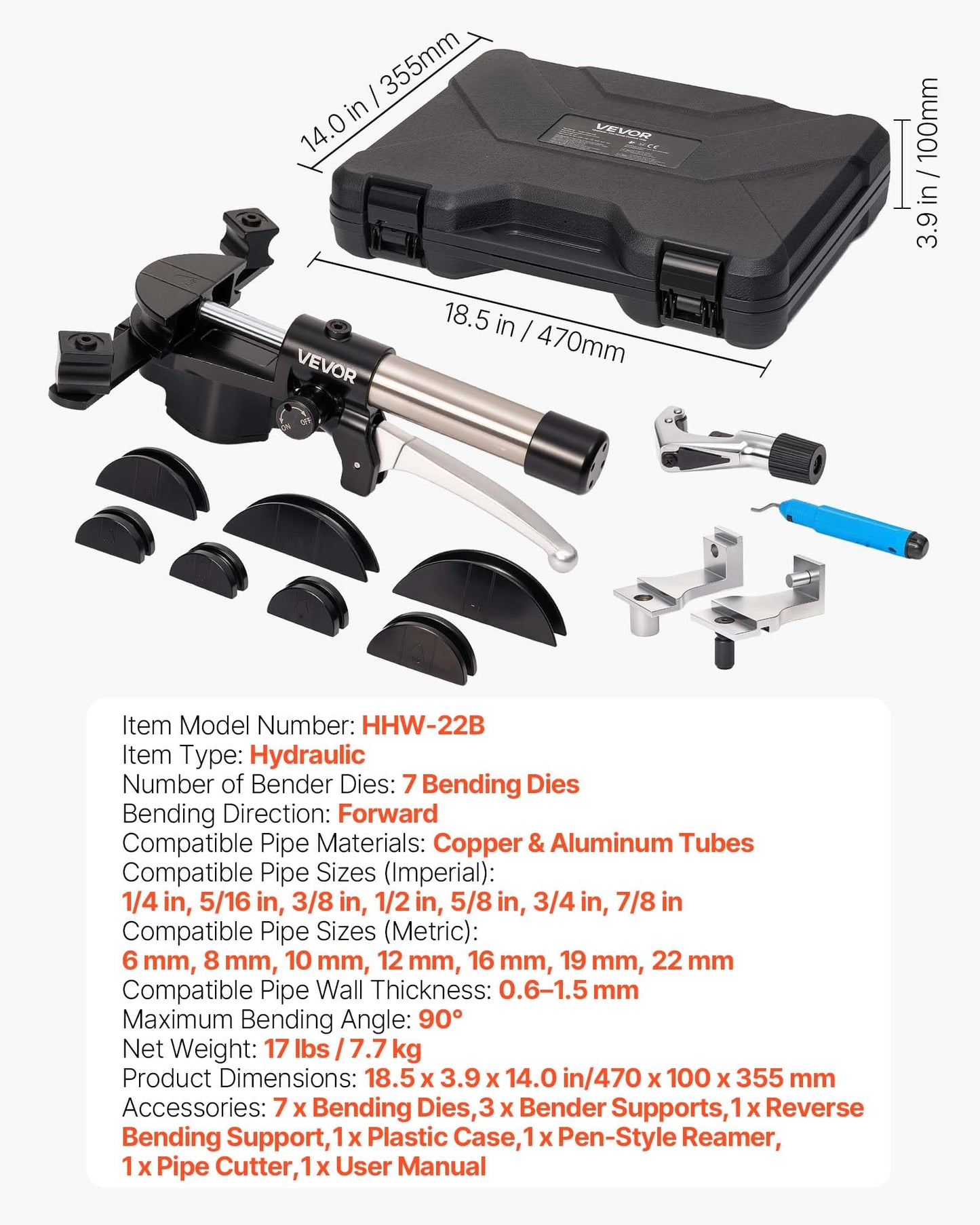 VEVOR Hydraulic Tubing Bender Kit, 1/4 to 7/8 Inch, Copper Tube Pipe Bender, Forward/Reverse HVAC Bending Tool Set, with 7 Aluminium Alloy Dies, for HVAC Air Conditioning Refrigeration Auto Repair