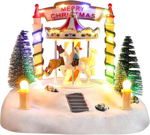 Bdor Christmas Carousel Decoration - Lighted Musical Merry-Go-Round with Reindeer & Trees | 7.5"x5.5"x6" Holiday Centerpiece