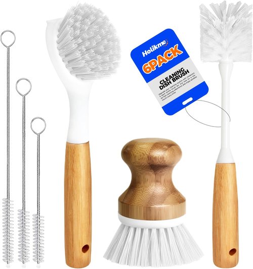 Holikme Dish Brush Set - 6 Pack with Long Handle, Bottle Brush & Palm Scrub for All Cookware - White