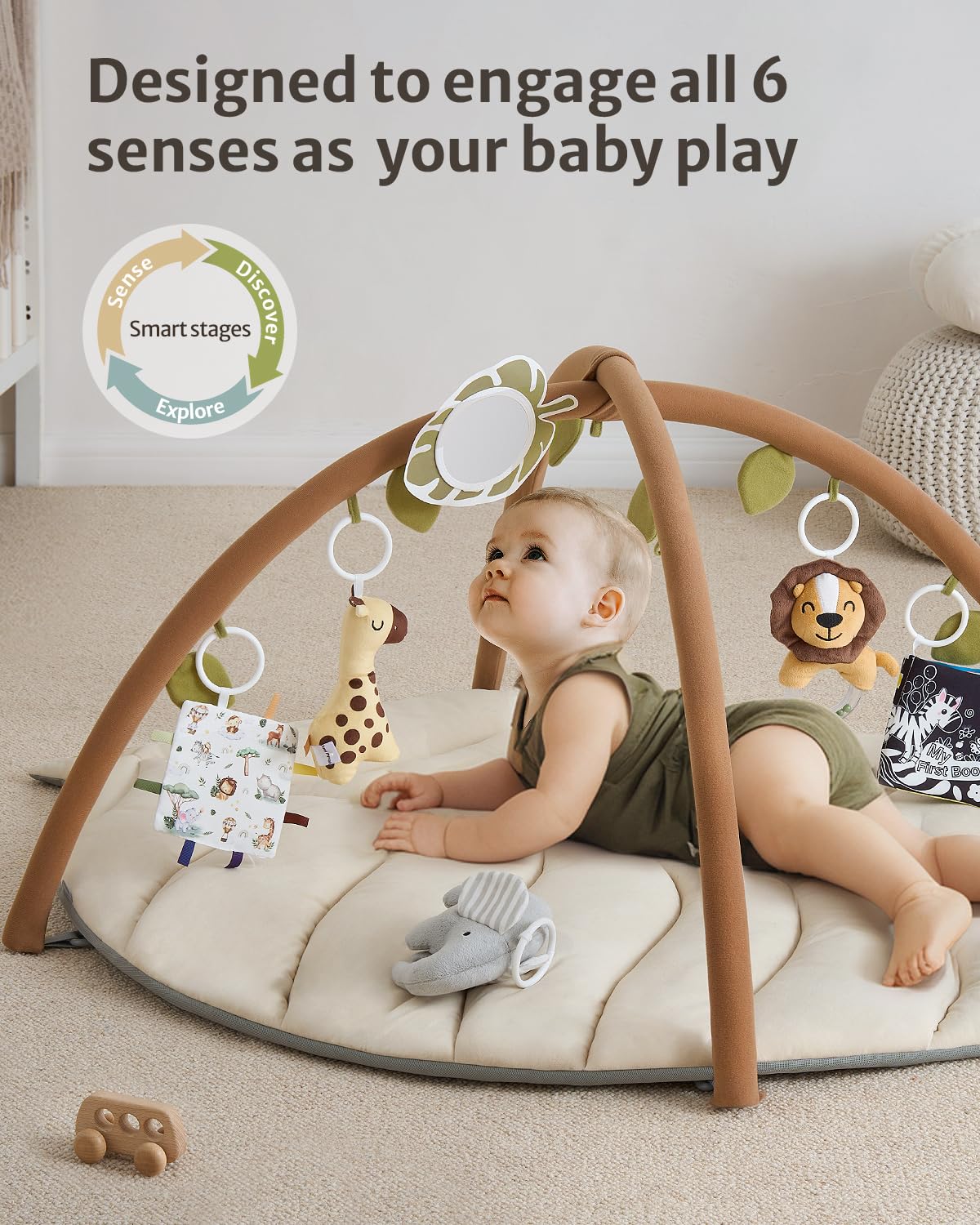Blissful Diary Baby Play Gym & Activity Mat, Leaf Shaped Baby Tummy Time Play Mat with 6 Detachable Toys, Promotes Motor Skills & Sensory Development, Newborn Baby Essentials Gift, Oatmeal Beige