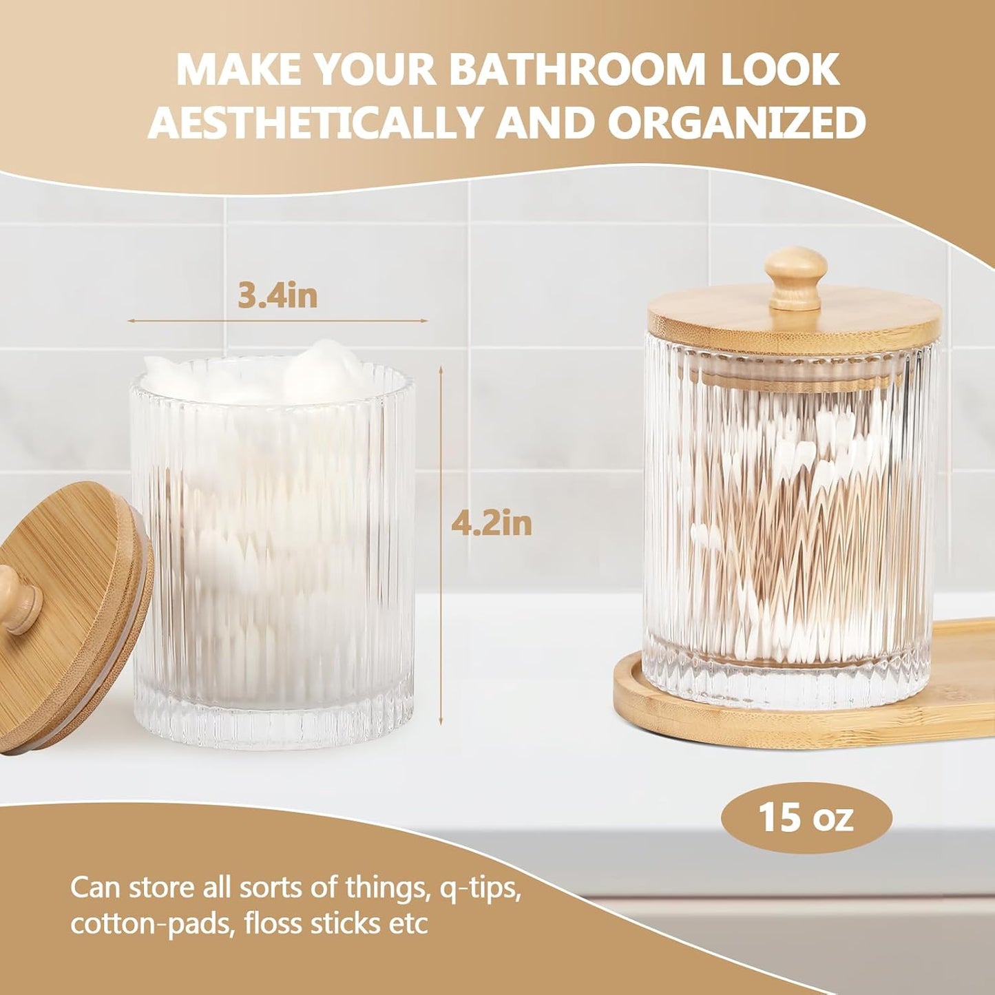 Skiennix 3-Pack Qtip Holder - Stylish Bathroom Organizers with Tray for Cotton Swabs & Balls