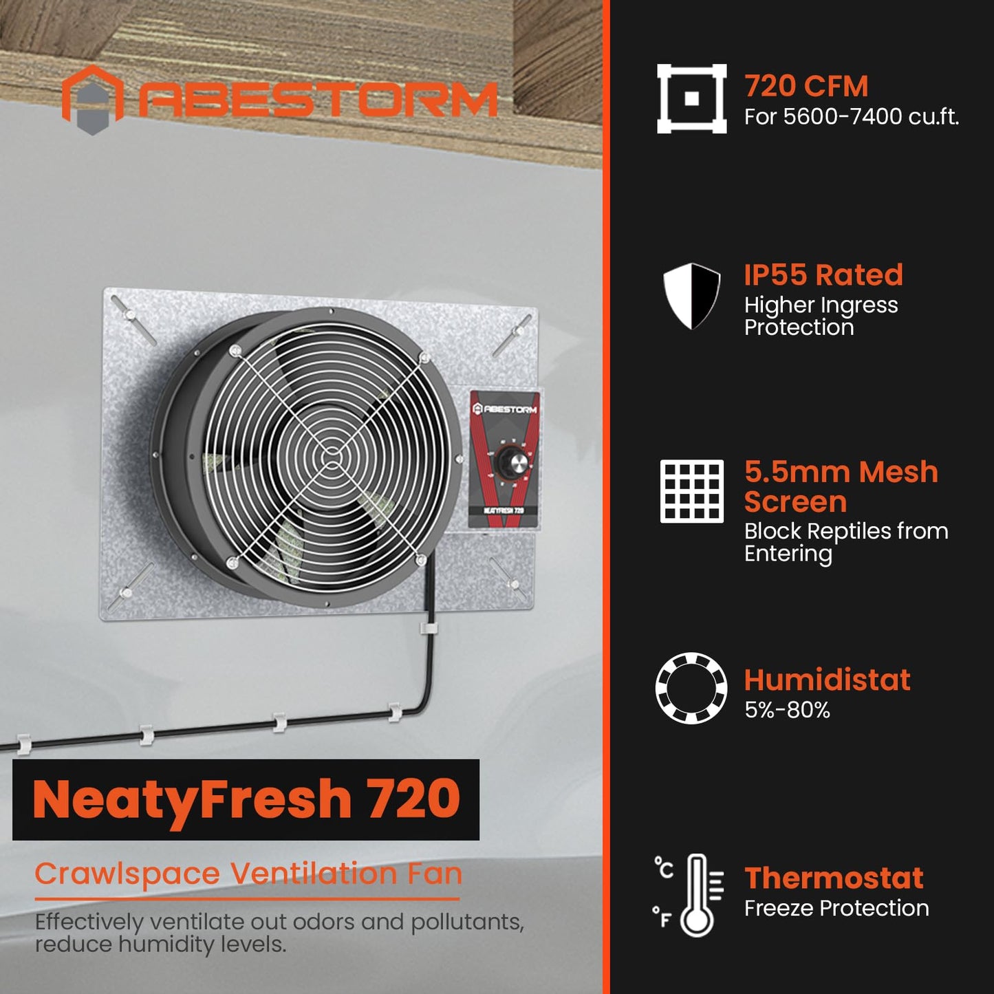 Abestorm 720CFM High Air Flow Crawlspace Ventilation Fan, IP55 Rated 10" Vent Fan with Humidistat Freeze Protection Thermostat for Crawl Space, Basement, Garage, Attic with Isolation Mesh
