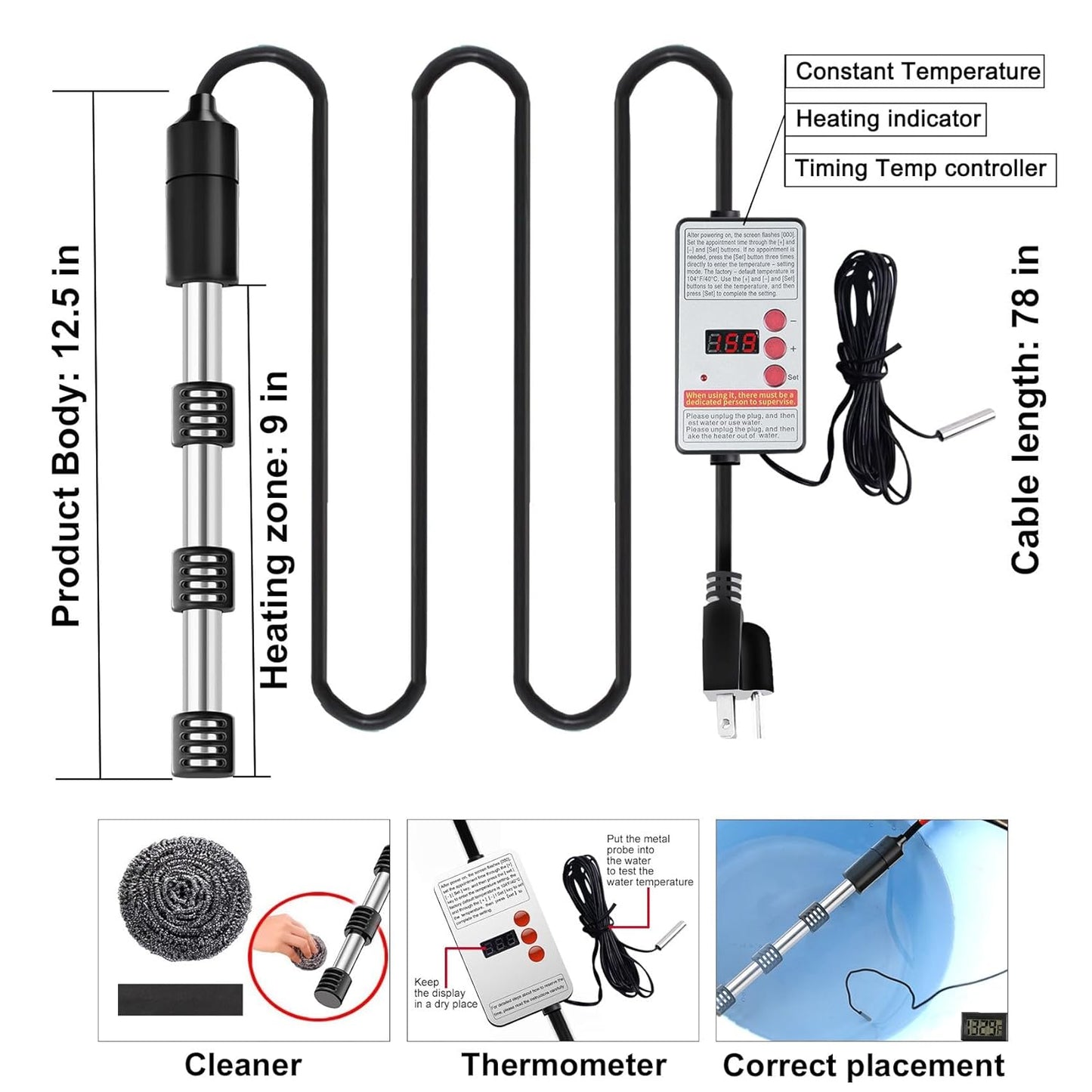 Skiennix 1500W Immersion Water Heater - Portable Submersible Heater with Timer & Thermostat | Safe for Buckets, Pools & Camping