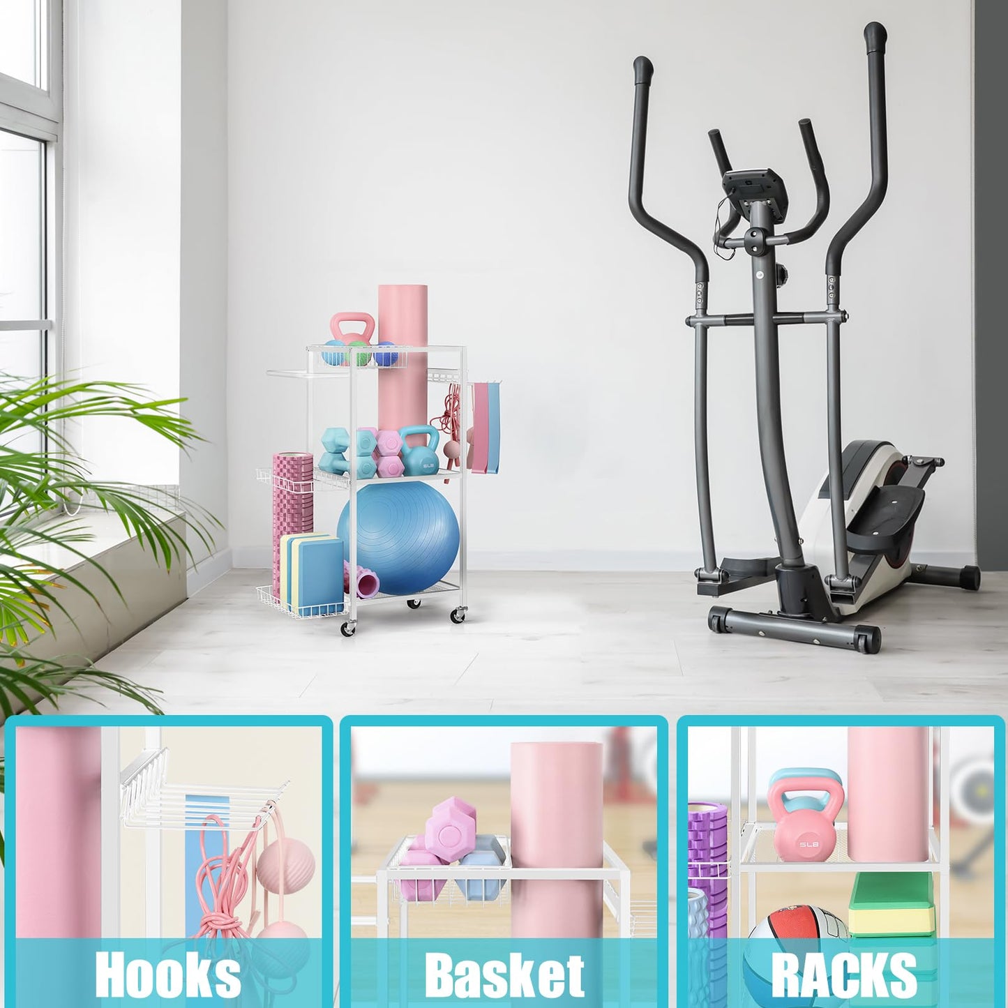LIANTRAL Yoga Mat Storage Rack - Metal Gym Organizer for Yoga Mats, Foam Rollers & Fitness Equipment, Space Saving Workout Equipment Storage Rack for Home Exercise and Fitness Gear, White
