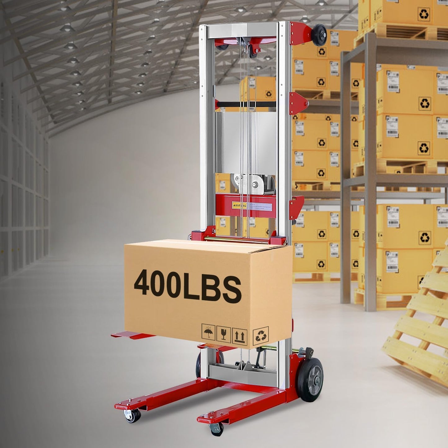 ELOMBR 122" Material Lift Winch Stacker, 400 lbs Capacity Manual Material Lifts, Fixed Straddle Material Lifter, Hand Winch Lift Trucks for Warehouse, Factory, Lightweight, 34.60" L x 24.80" W, Red