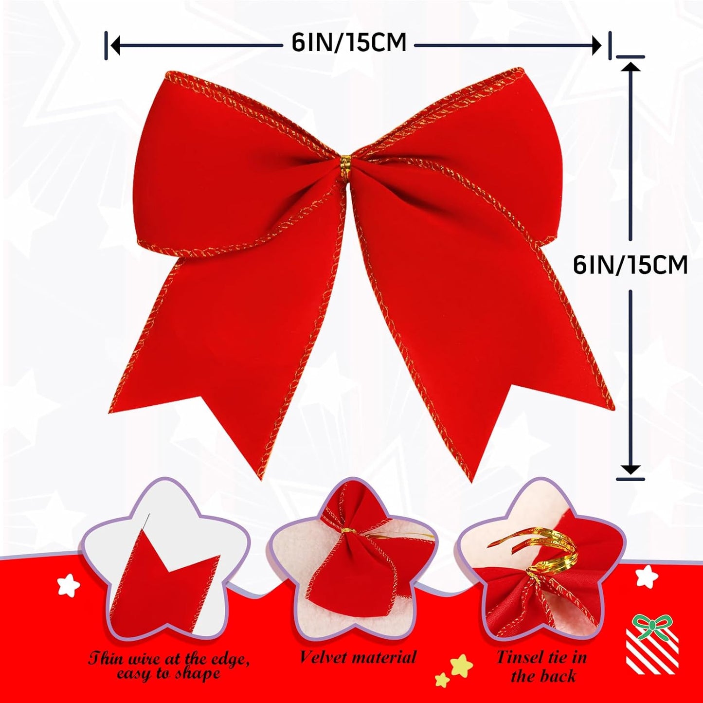Regine Switzerland 12Pcs Red Velvet Bows | 6 Inch Christmas Tree Decorations for Holiday Decor