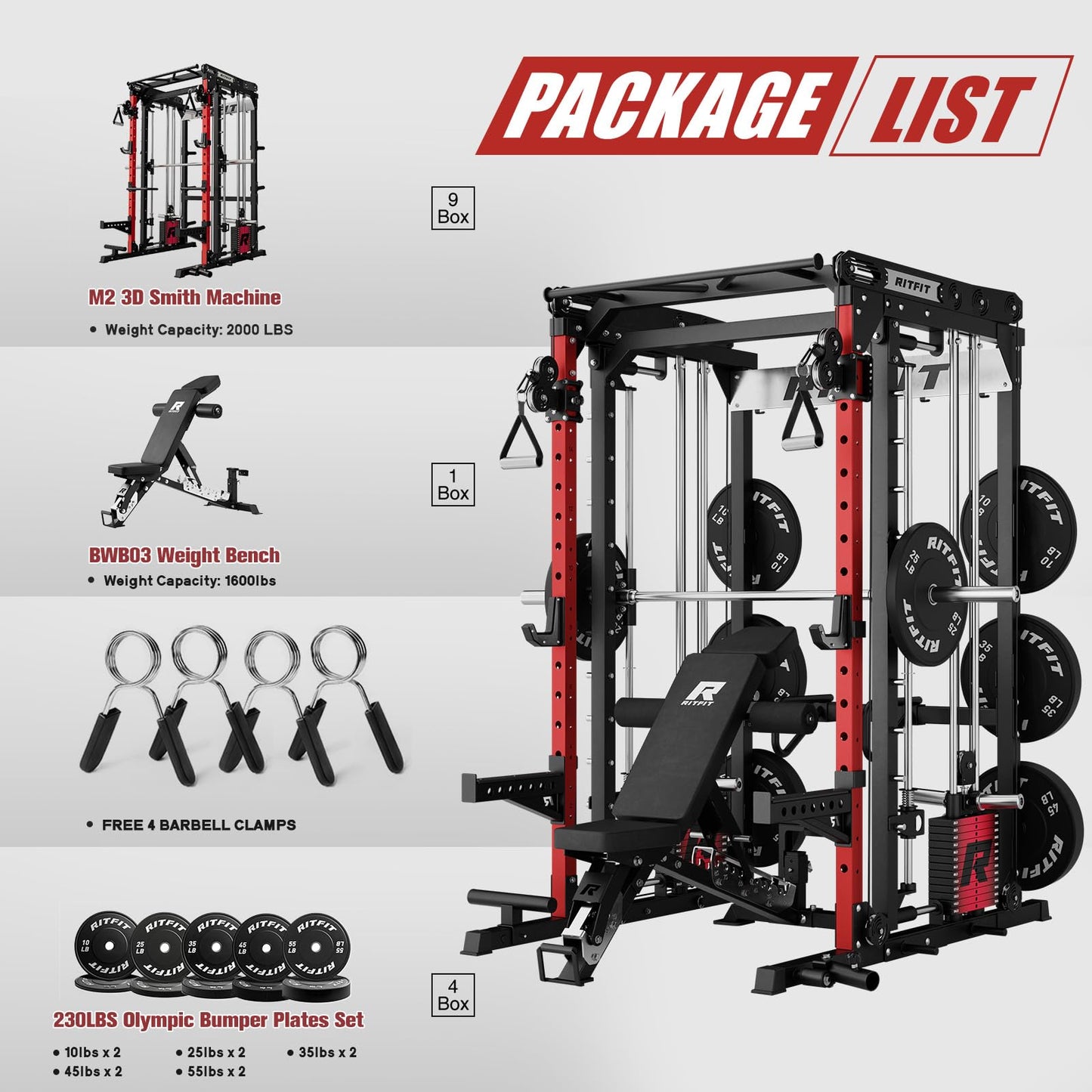 RitFit M2 Smith Machine with Cable Crossover System, 3D Functional Trainer & Power Cage, 16 Adjustment Holes, 6 Storage Pegs for Full-Body Home Gym(M2 PRO-3D Red with BP340)