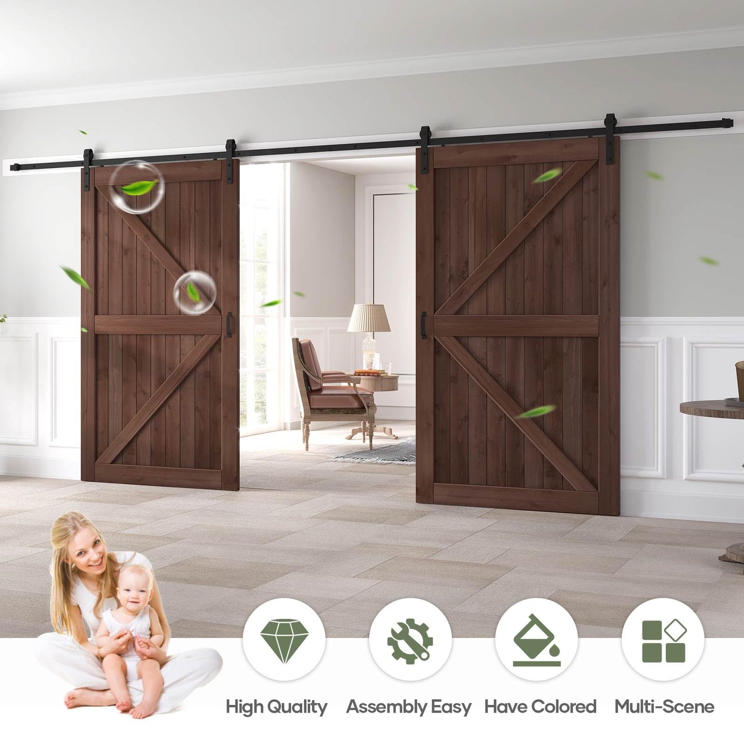 ROYMELO Double 48x80 inch Sliding Barn Wood Door Slab with 8ft Hardware Kit
