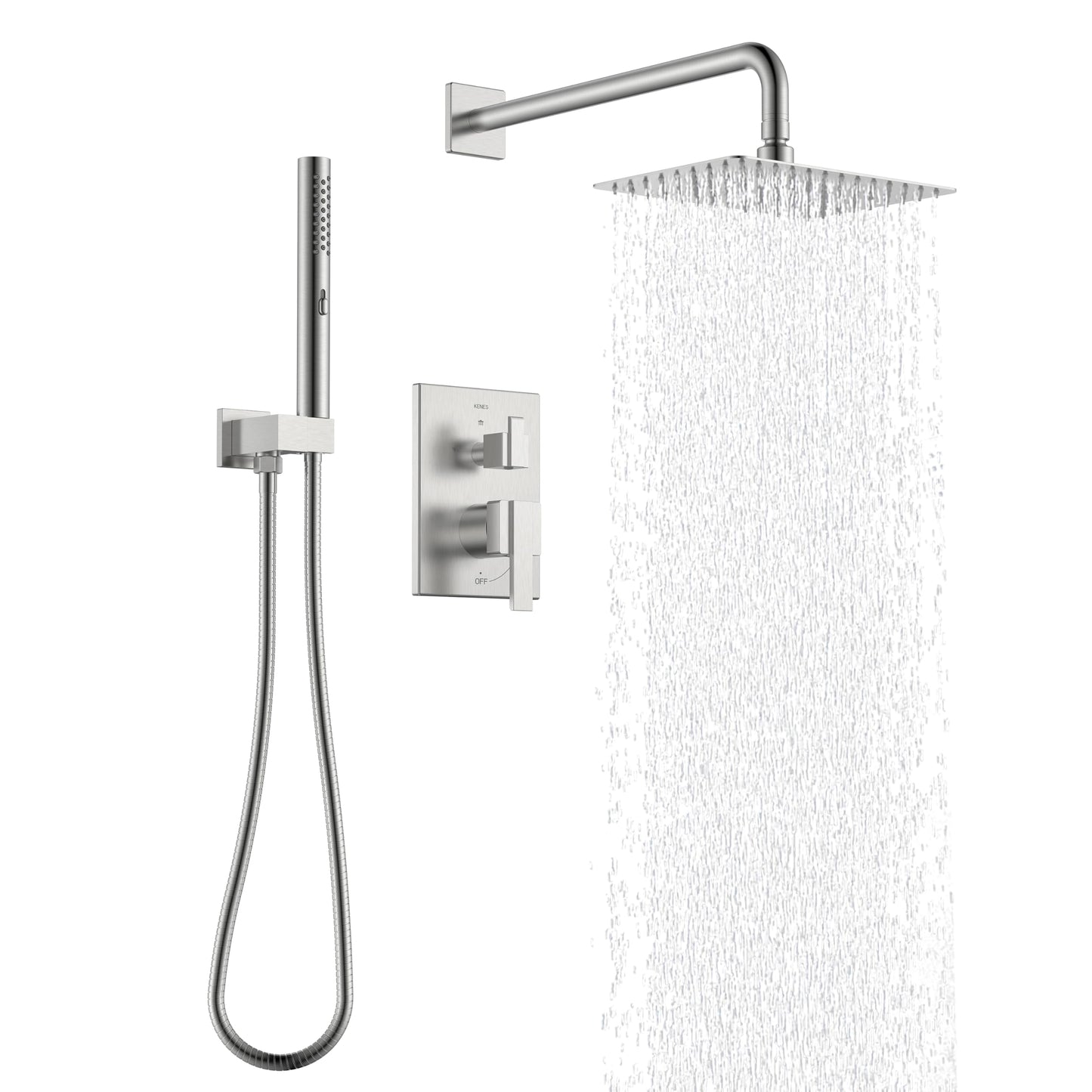 KENES Square Rainfall Shower System Faucet Set, Brushed Nickel Rain Shower Head and Handle Set, 10 Inch Stainless Shower Head with Handheld Spray (Shower Valve Included), LJ-6026A