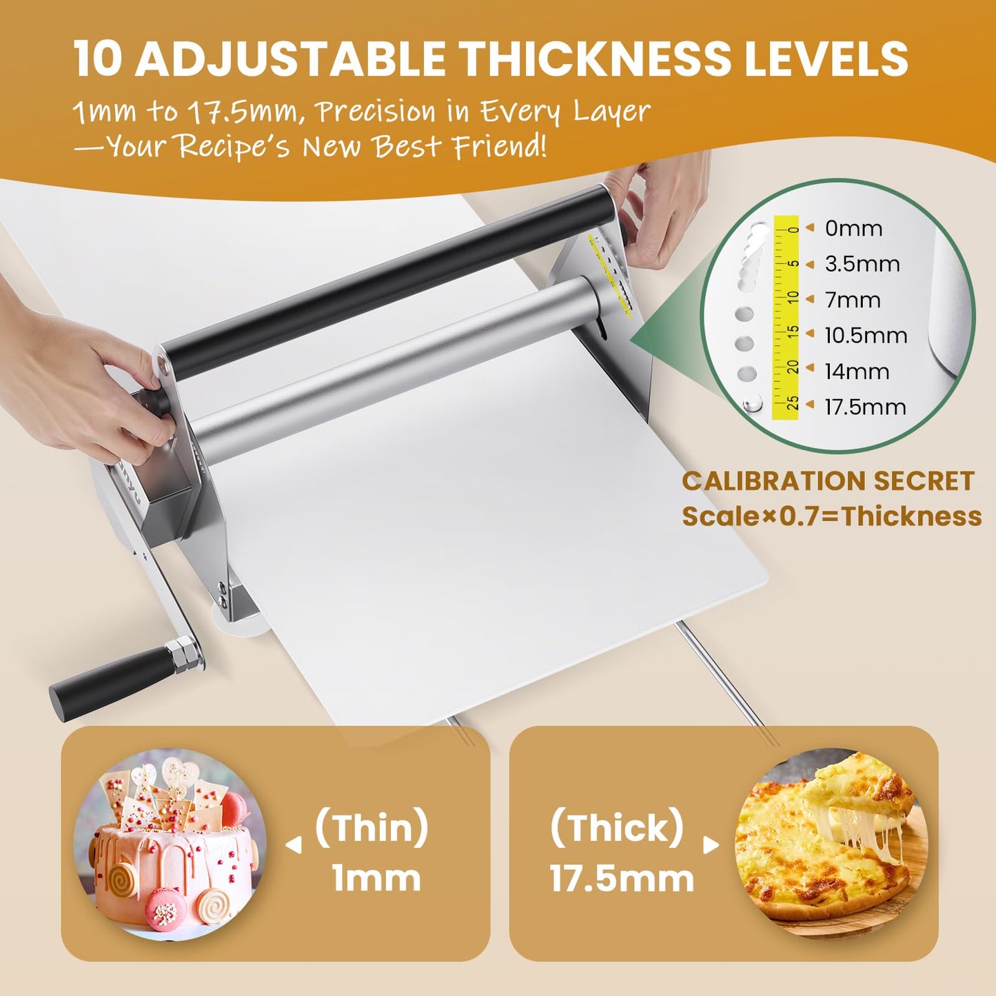 Huanyu Manual Dough Sheeter 12”, 10 Adjustable Thickness 0.1mm-17.5mm, Tool-Free Assembly, for Home Bakers & Small Bakeries, Croissant, Pizza, Pasta, Fondant