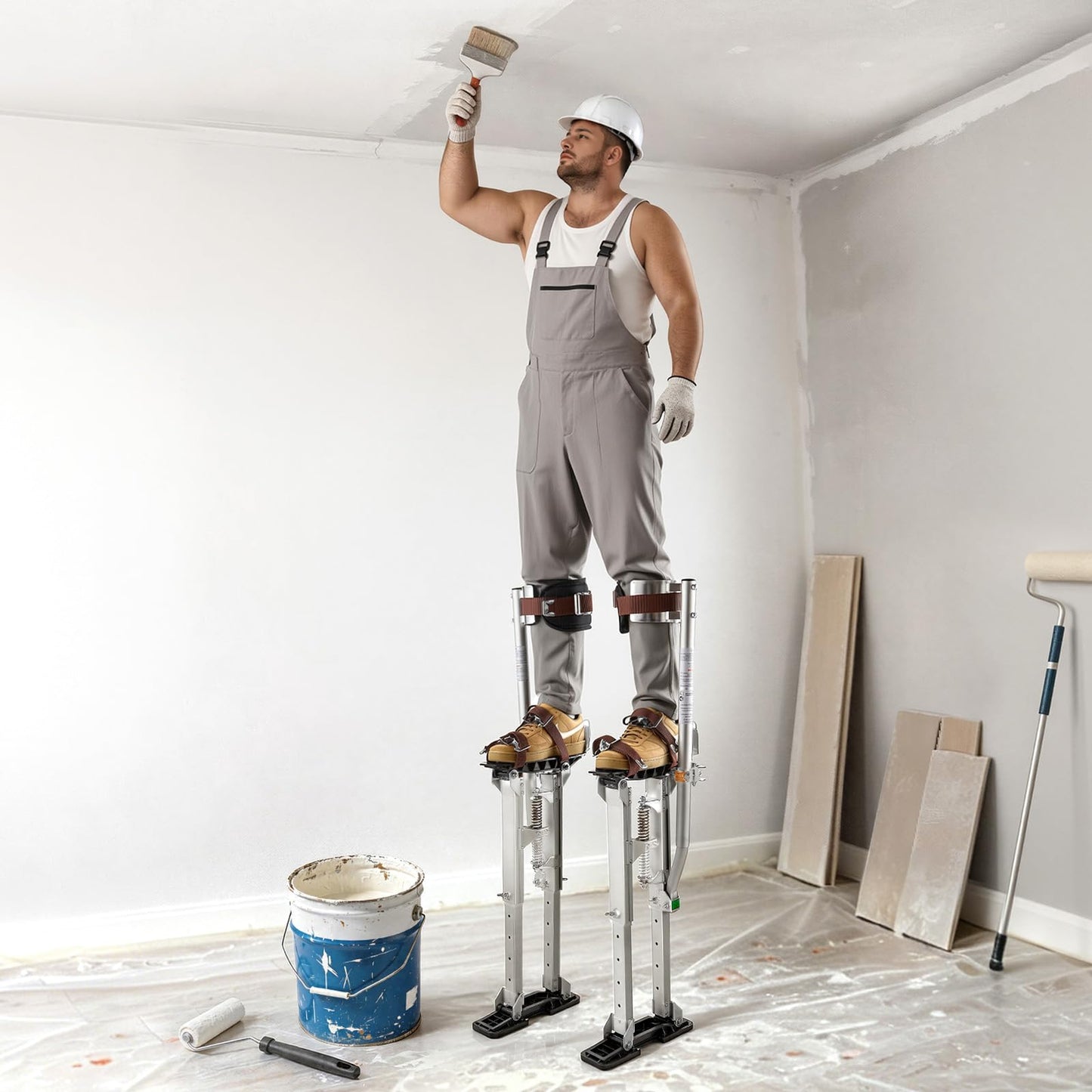 VEVOR Drywall Stilts, 16.1–24.1 in Adjustable Aluminum Painter Stilts, 228 lbs Load Capacity, Non-Slip Rubber Feet, Dual Spring Shock Absorption, Comfortable Leg Straps for Painting, Decoration,Silver