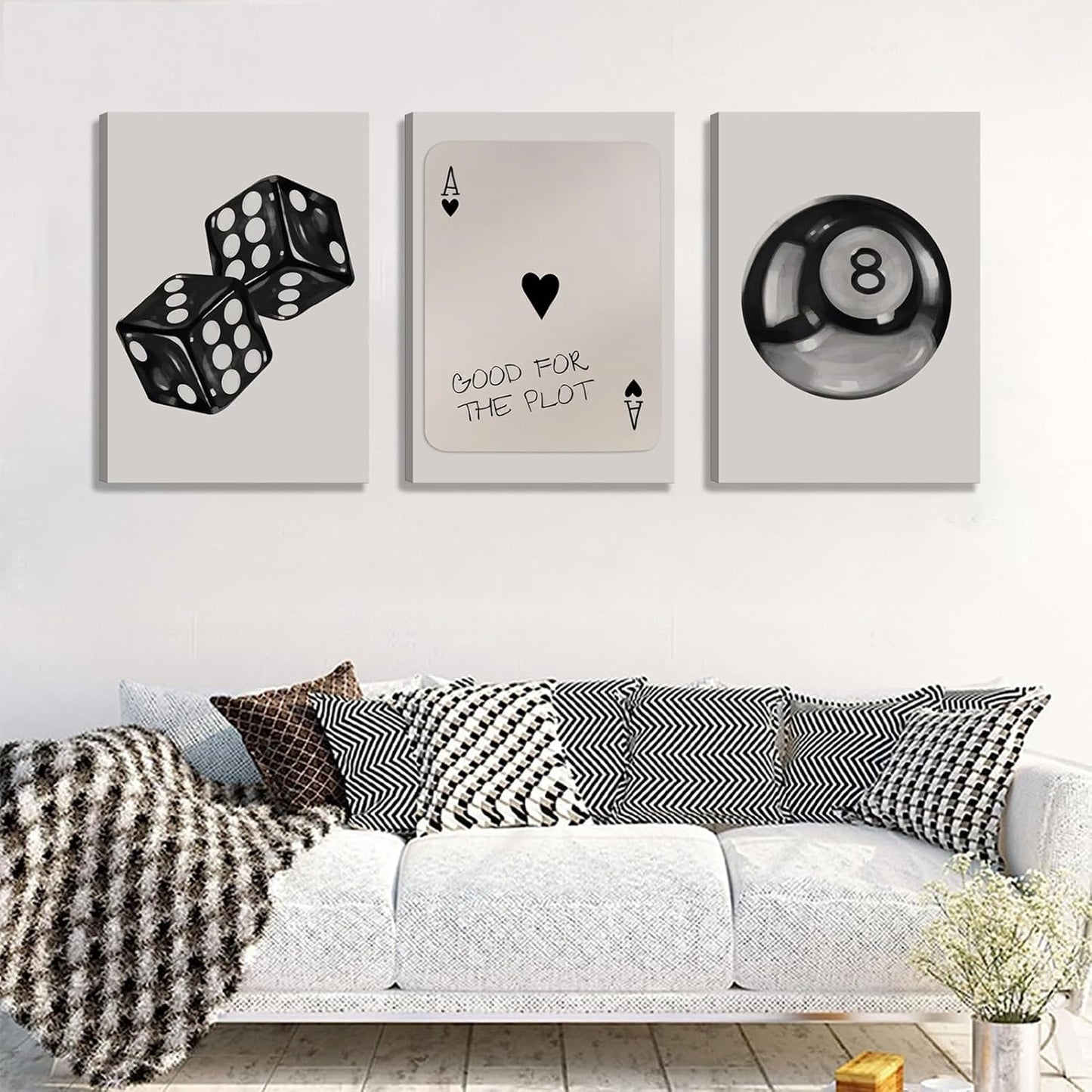 Skiennix 3Pcs Black & White Poker Dice Canvas Wall Art - Retro Y2K Aesthetic Decor | 12x16in Prints for Game Room