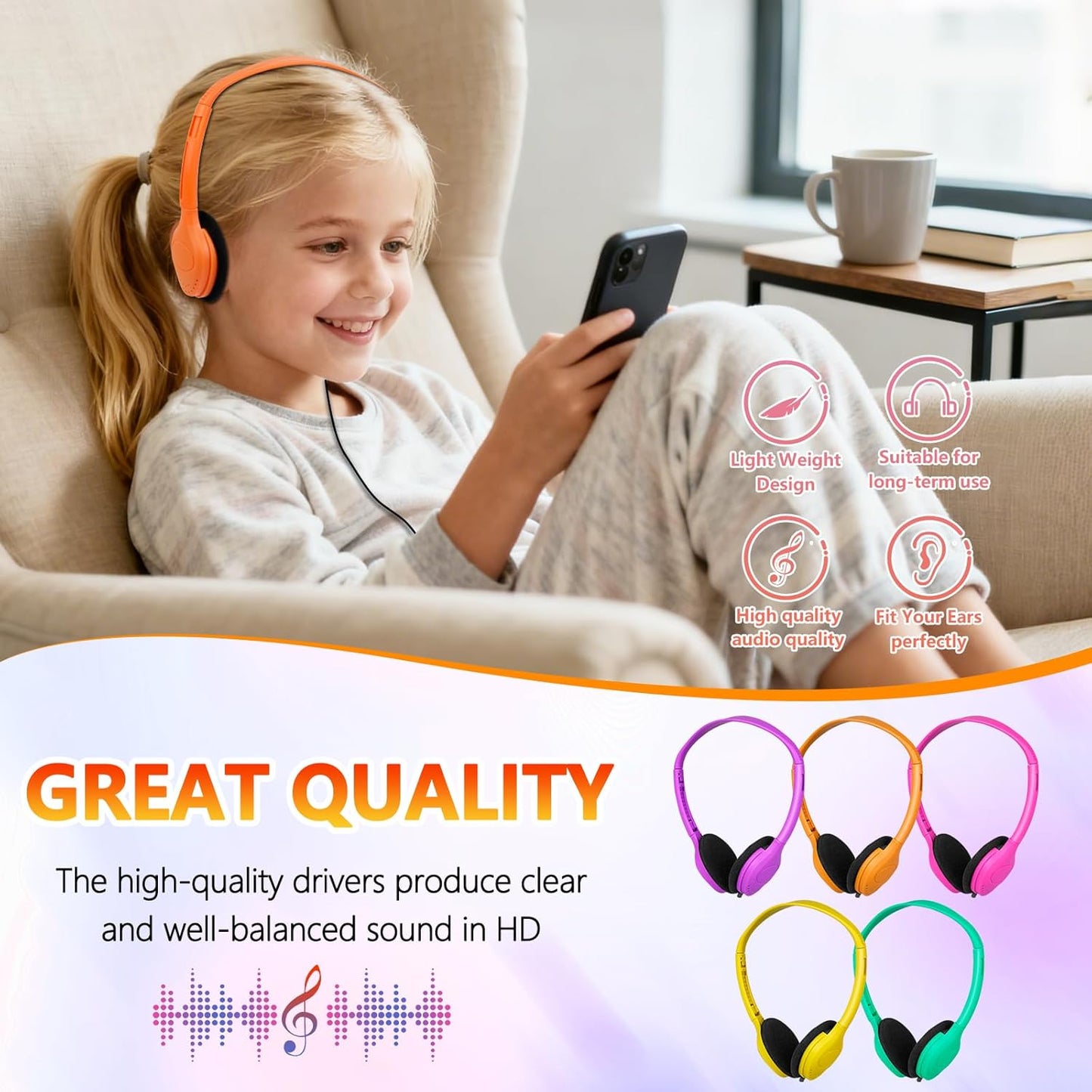 Set 20 Pack 3.5 mm Class Headphones for Kids Students School Classroom Bulk Headphones Adjustable with Jack for Library