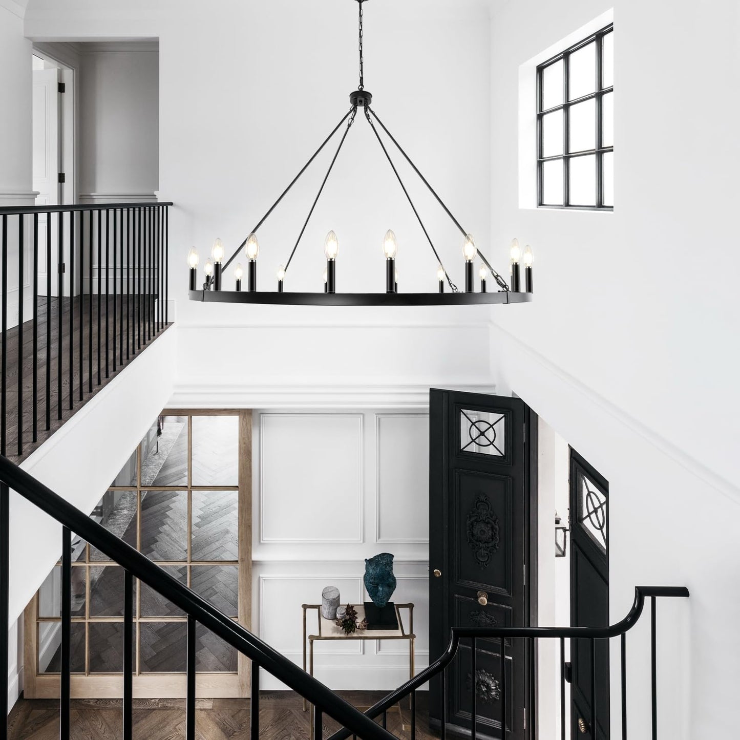 LynPon Black Wagon Wheel Chandelier 47 Inch, 16 Lights Modern Farmhouse Chandeliers, Rustic Large High Ceiling Round Chandelier, Industrial Hanging Light Fixture for Living Room Dining Room Foyer