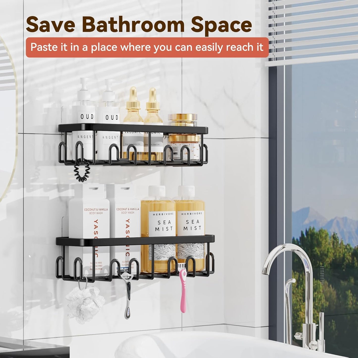 YASONIC Adhesive Shower Caddy - Rustproof 2-Pack Black Shower Shelves with Soap & Toothbrush Holder