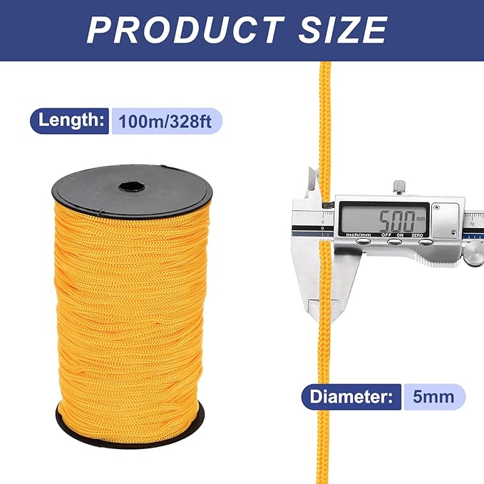 MECCANIXITY 3/16 Inch Polypropylene Rope Braided Ropes, 328ft Nylon Rope Hollow Utility Cord for Clothesline, Camping, Hiking, Outdoor, Orange Yellow