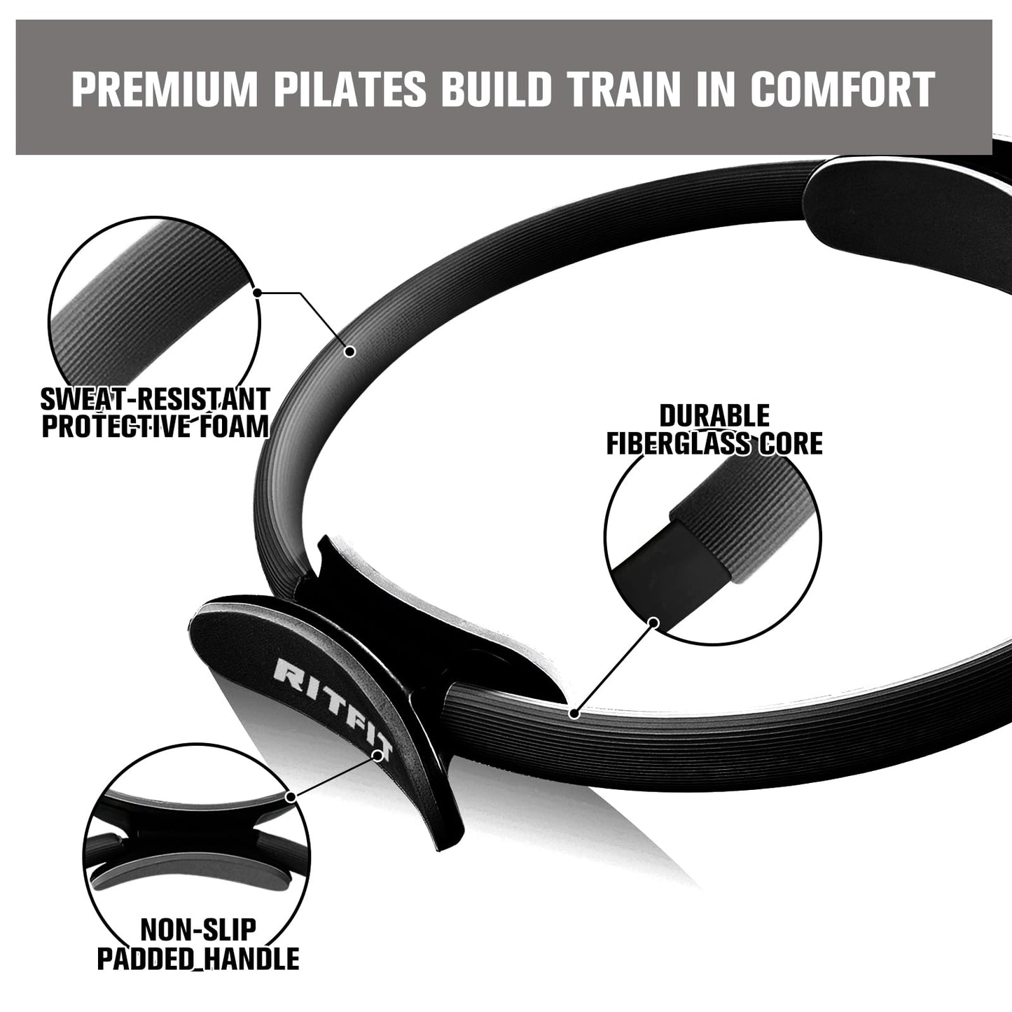 RitFit Pilates Kit - 14 Inch Pilates Ring Magic Circle with Pilates Ball, Resistance Bands & Yoga Strap, Pilates Equipment for Home Workout Toning Thighs, Arms and Core (Black)