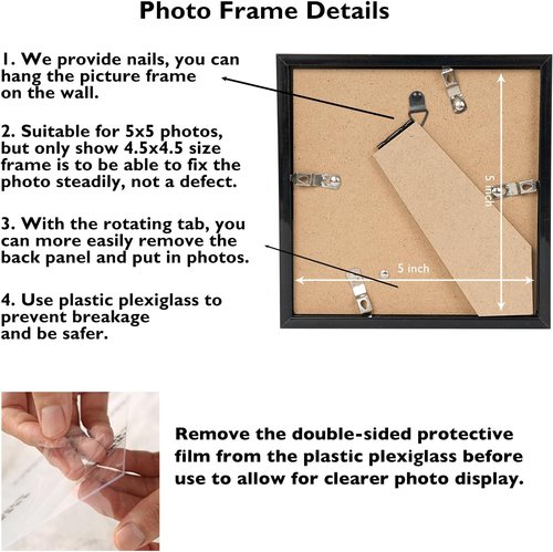 JCJMY 5x5 Picture Frame - Black Wall or Tabletop Display | Shatter-Resistant Plexiglass, Versatile Mounting