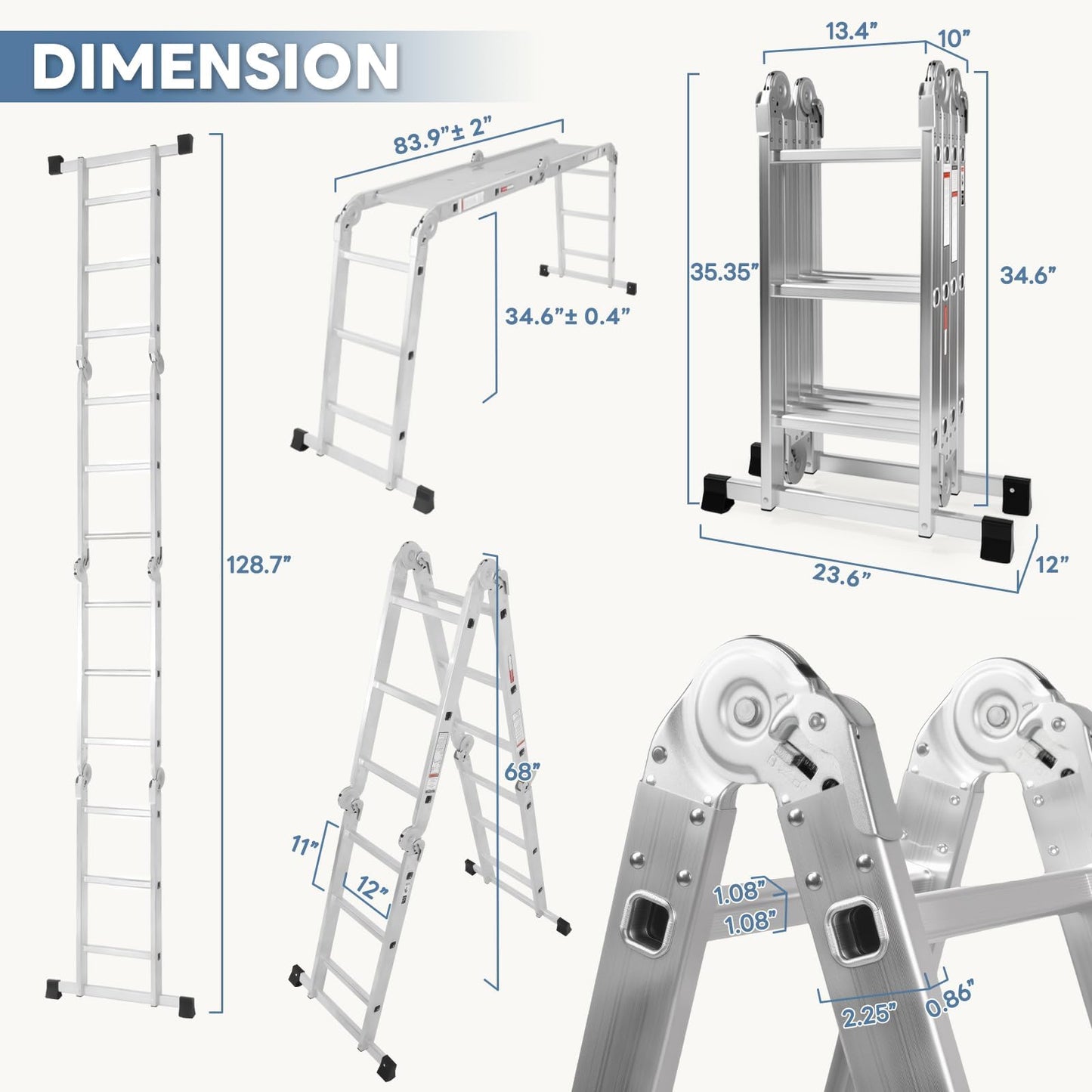 Multi-Purpose Aluminium Folding Ladder, 7-in-1 Heavy-Duty Extension & Step Ladder, Tall Adjustable Collapsible Ladder for Home, Roof, RV & Painting Work