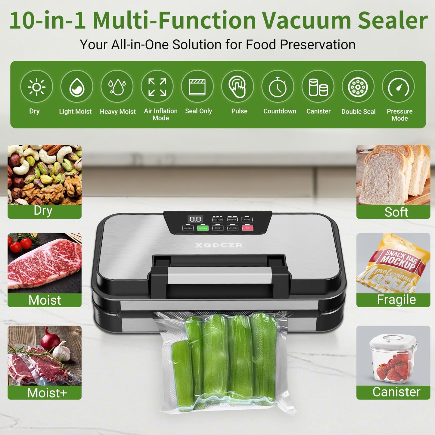 95kPa Vacuum Sealer Machine, Powerful Double Pump 10-in-1 Food Sealing System with Double Heat Seal, Built-in Cutter & Bag Storage, Easy-Lock Handle, Hose, 2 Bag Rolls, Durable Stainless Steel Design