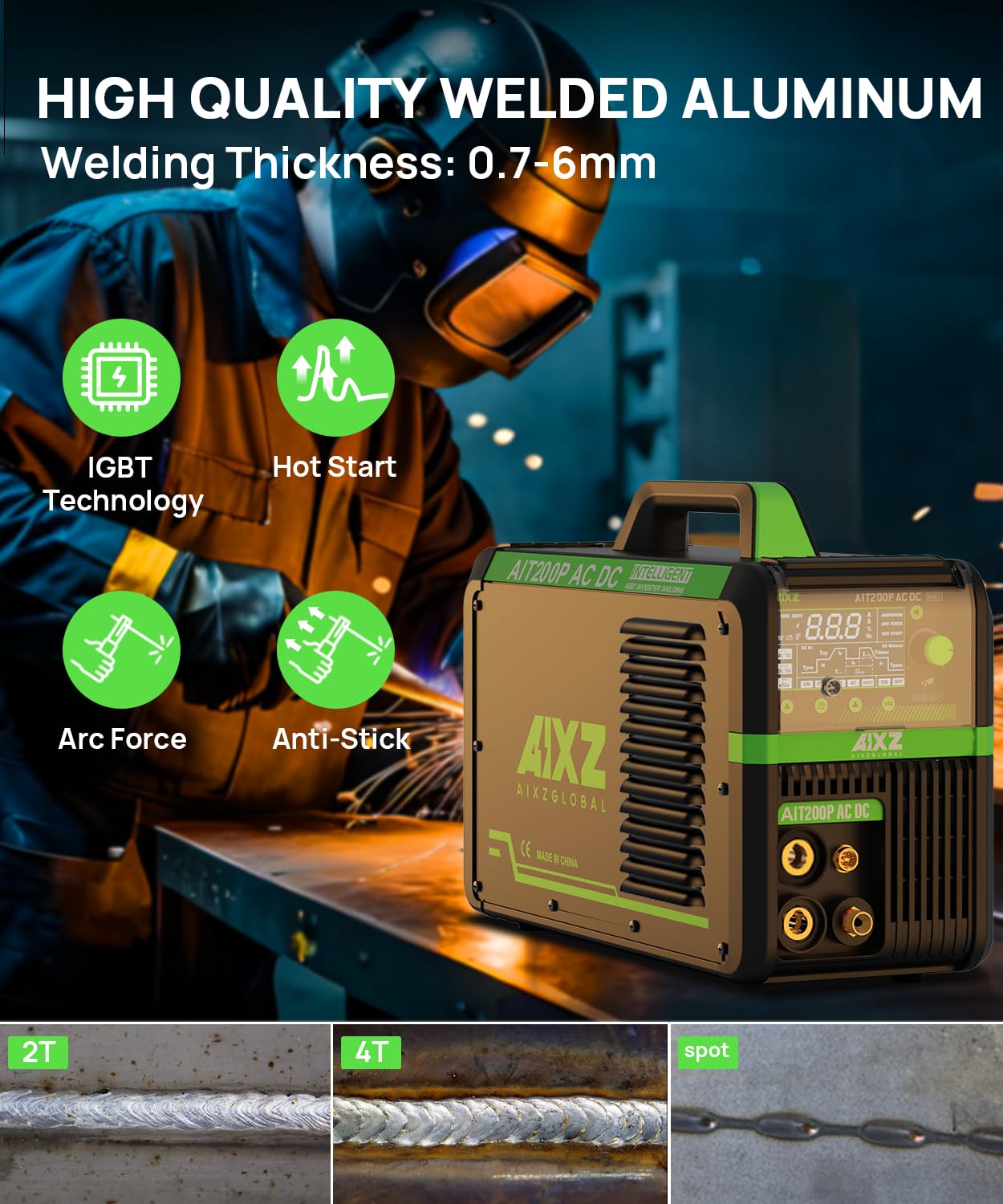 AIXZGLOBAL AIT200P AC/DC TIG Welder, 200A 110V/220V Aluminum Welding Machine with AC/DC TIG, Pulse TIG, Spot TIG, HF Start & Stick Welding, Foot Pedal Compatible, IGBT Inverter, Large HD Display