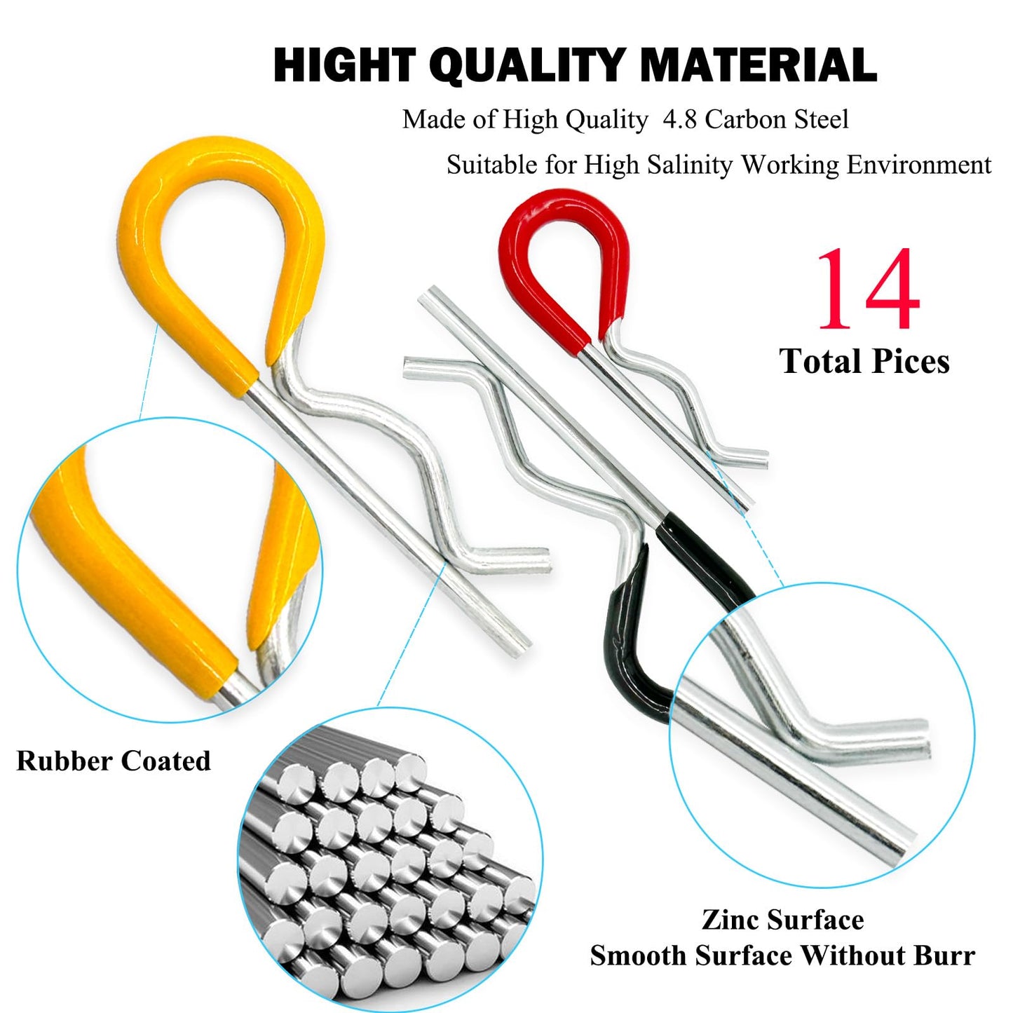 14Pcs Heavy Duty Hitch Pins Clip R Clips Spring Retaining Wire Hair Pins Cotter Pin Strong Spring Rubber-Coated Grip R Clip for Trailer Tractors Mower Carts Truck Pin Clip 3Sizes M3x60 M3.5x75 M4x90