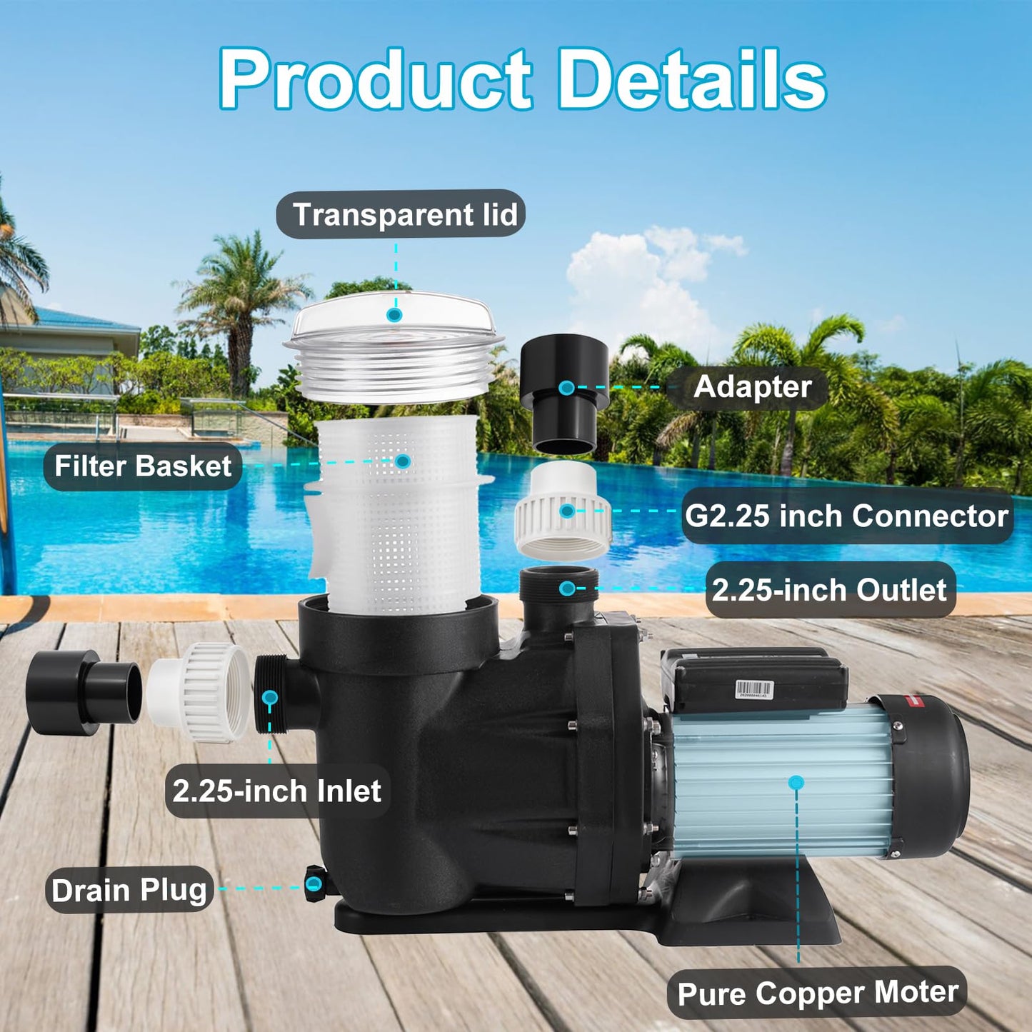 Hxgexin Swimming Pool Pump 2.5HP, 8880 GPH Flow Rate Pool Pump,1850W In/Above Ground Pool Pumps Self Priming Pump 110V for Residential/Commercial Pools, Spas and Hot Tubs, Landscape Fountains