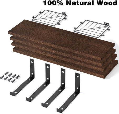 Fixwal Floating Bathroom Shelves - Rustic Wood Wall Decor for Bathroom, Living Room & Kitchen | 15.8in Dark Brown, 3 Plus 1 Tier