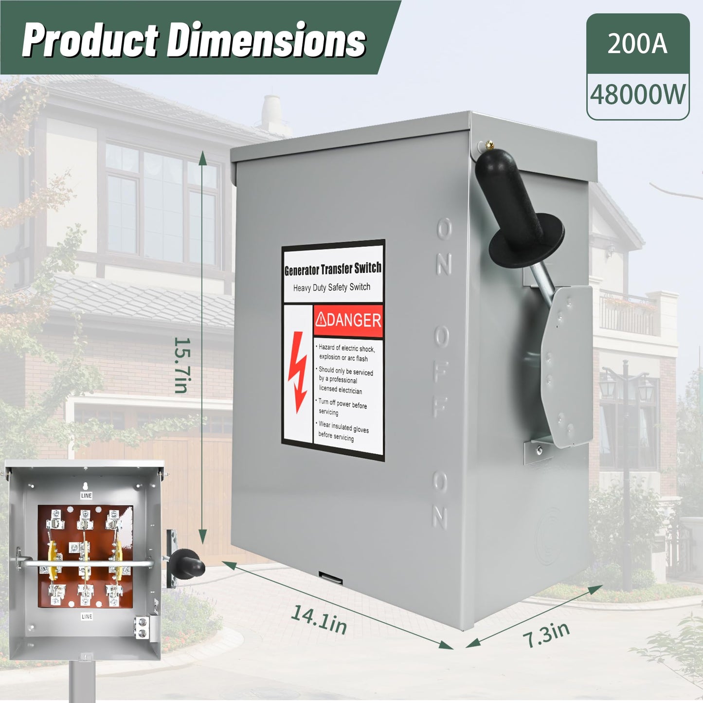 200-Amp, 3 Pole 120 V/240 V Generator Transfer Switch, 48,000 W Manual Transfer Switch for Home Generator, Meeting NEMA 3R Standards for Outdoor and Indoor General-Duty Double-Throw Safety Switches