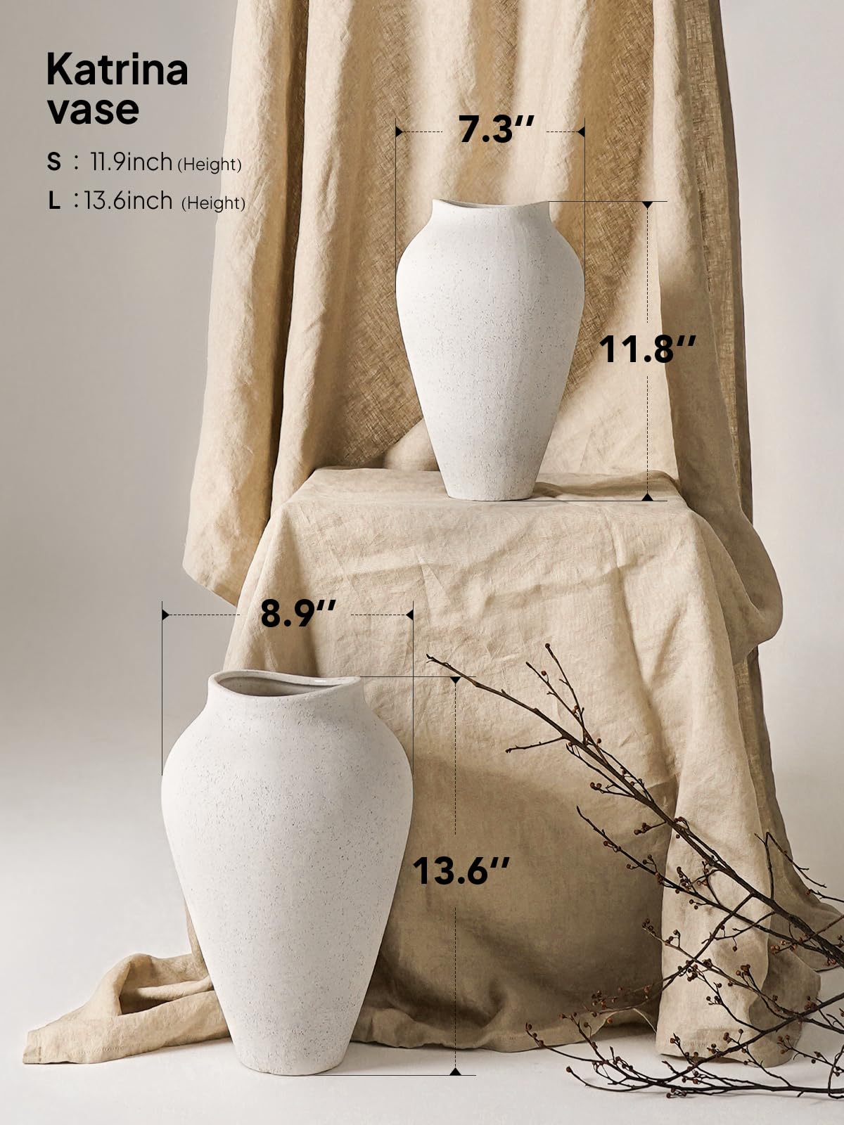 White Ceramic Vase - Large 11.8 Inch Tall Floor Vase for Centerpieces, Farmhouse Flower Vases, Rustic Minimalist Home Decor for Living Room, Enterway, Wedding (Sandstone White)