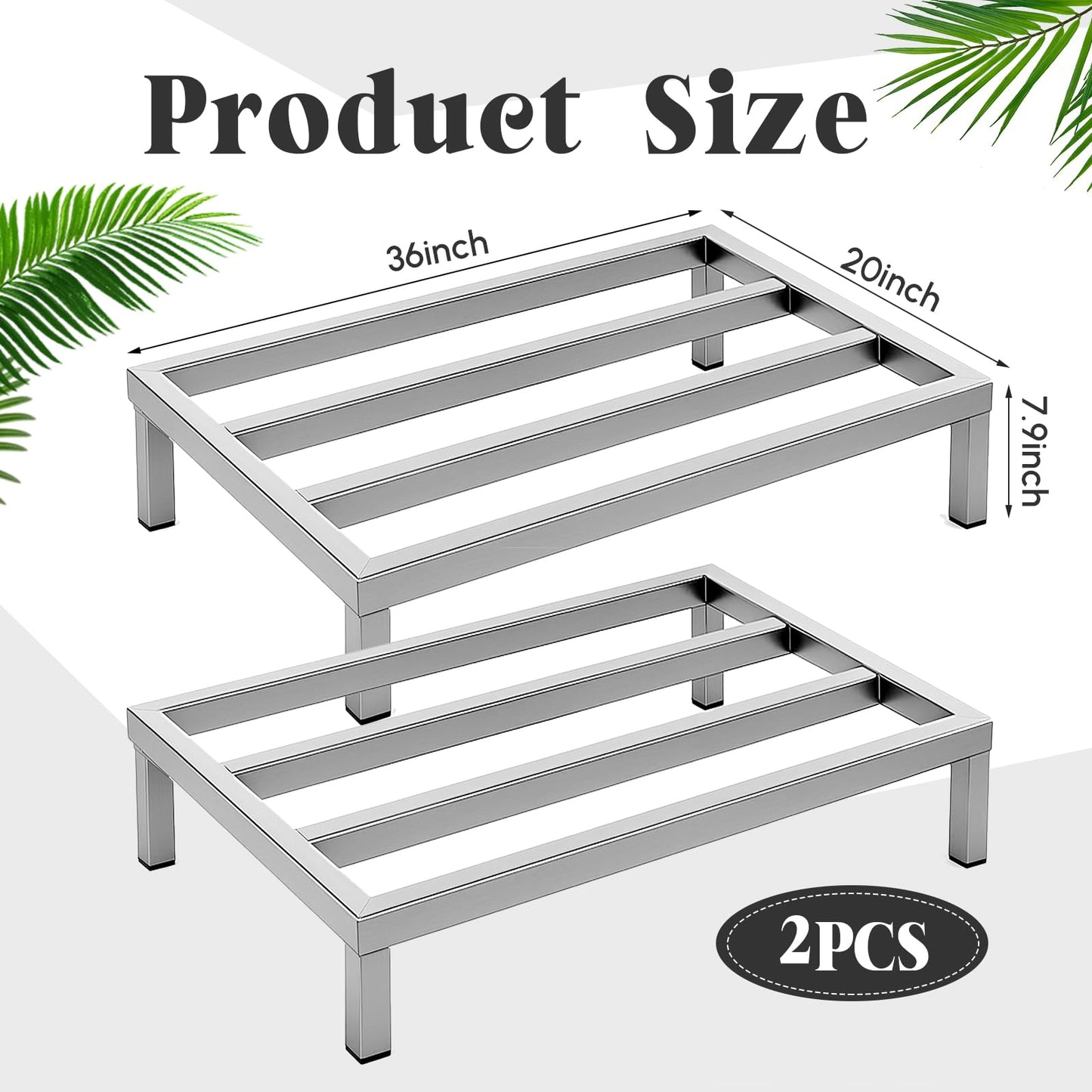 MorningRo 2 Pack Dunnage Rack 48" Long x 20" Wide, 7.9" Height Stainless Steel Shelf 3000+ Pound Capacity Commercial Food Floor Rack for Restaurants Kitchens Garages and Vehicles