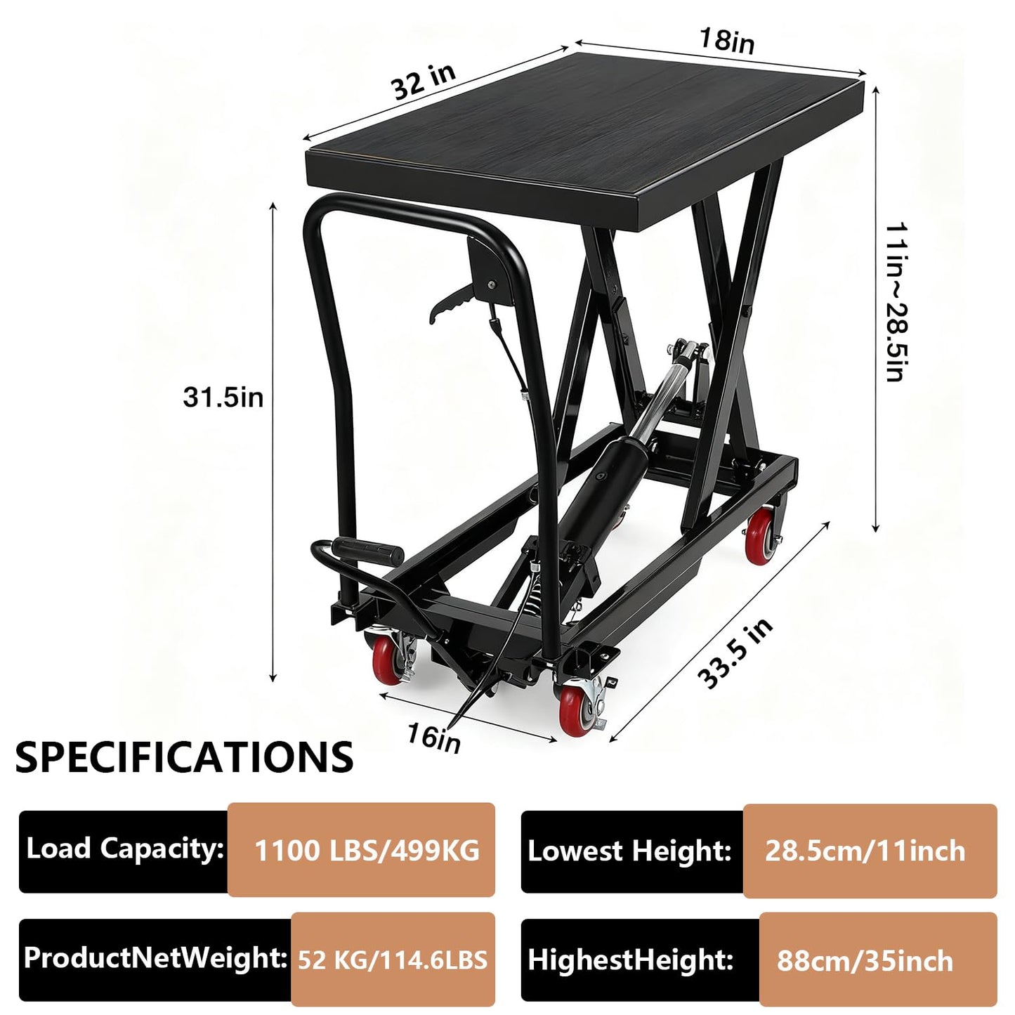 Hydraulic Lift Table, 1100 Lbs Capacity, 32" Lifting Height, Single Scissor Lift Table Cart with 4 Wheels and Non-Slip Pad, Manual Hydraulic Lifting Cart (Black-1100-Single-NEW)