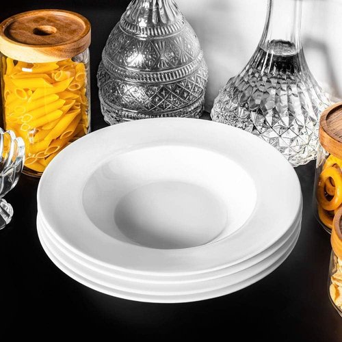 Artena Pasta Bowls Set of 4 - Elegant White Porcelain Bowls | Wide Rim Design, Microwave & Dishwasher Safe